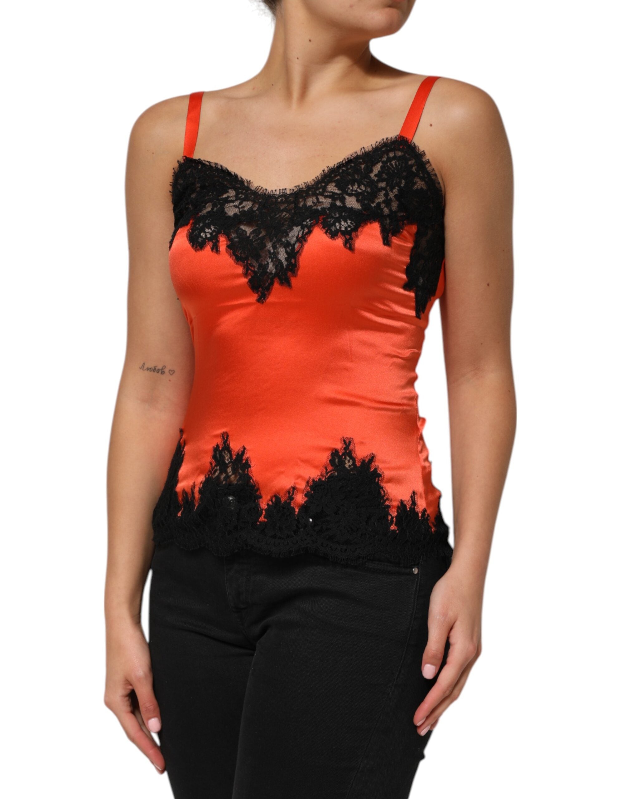 Dolce & Gabbana Red Black Lace Trim Silk Sleeveless Tank Women's Top