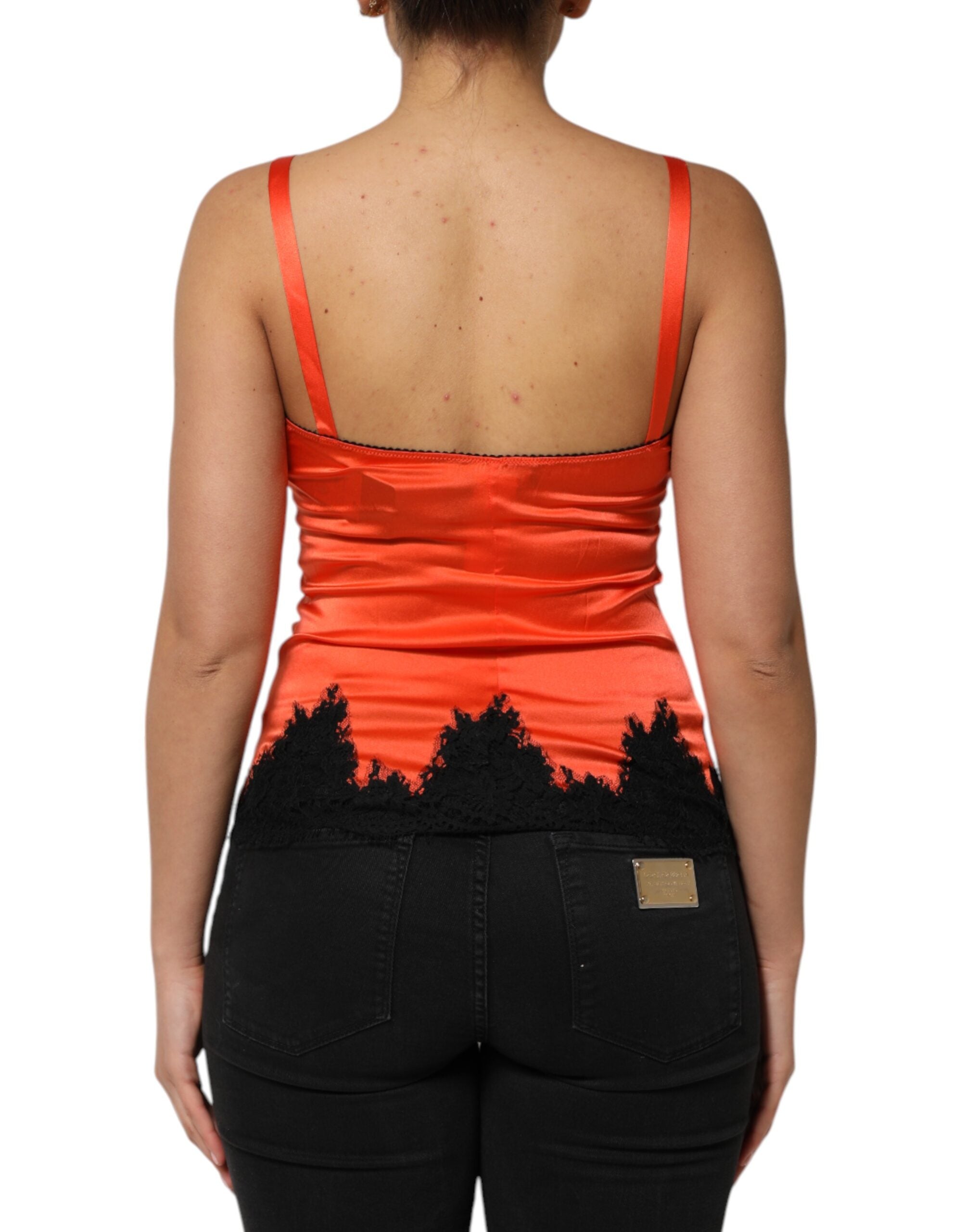 Dolce & Gabbana Red Black Lace Trim Silk Sleeveless Tank Women's Top