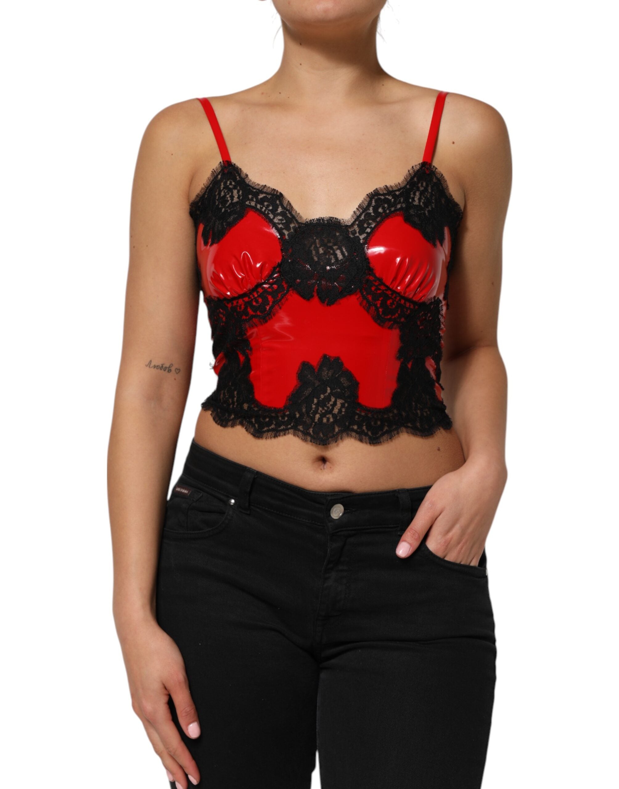 Dolce & Gabbana Red Black Lace Trim Polyester Sleeveless Tank Women's Top