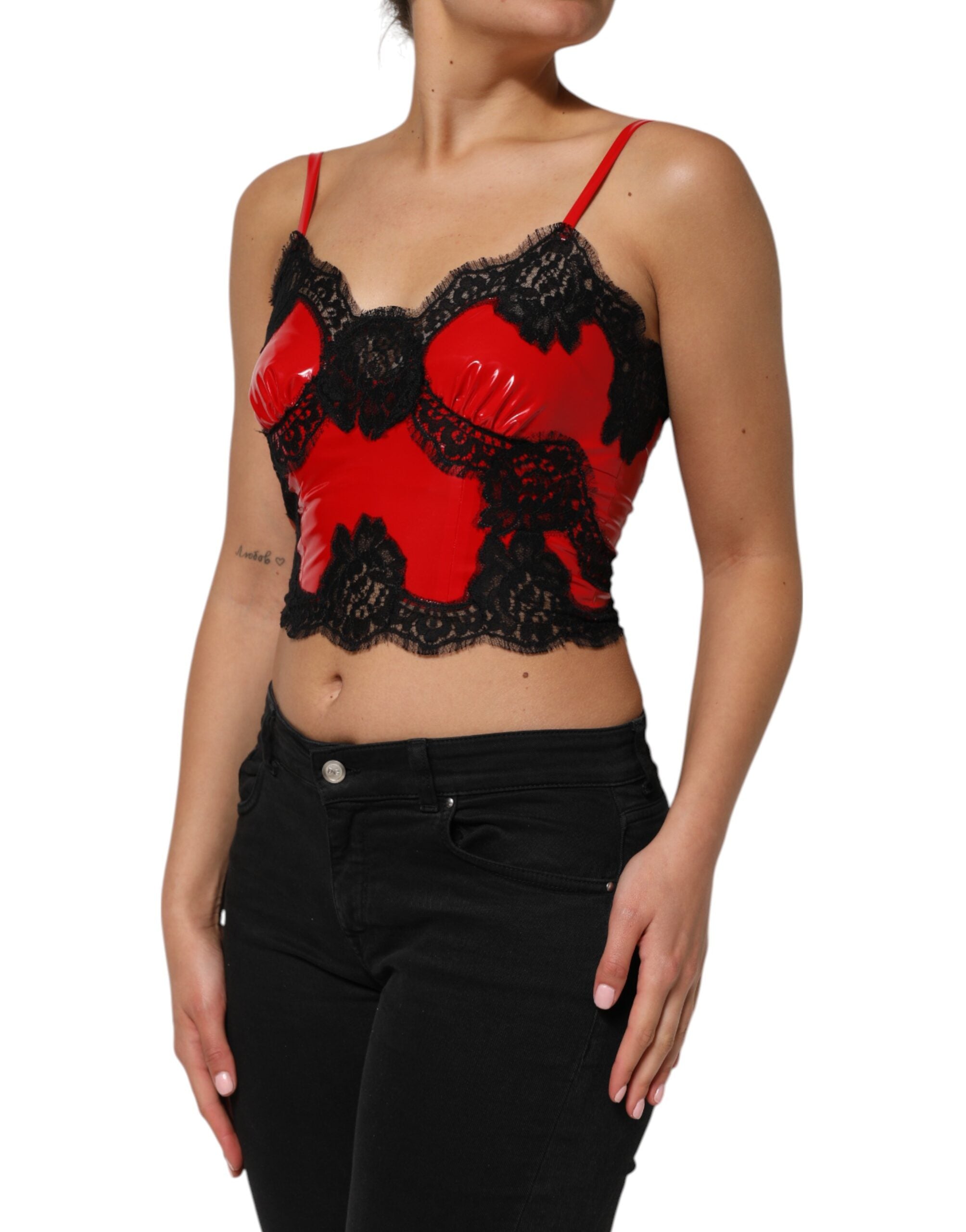 Dolce & Gabbana Red Black Lace Trim Polyester Sleeveless Tank Women's Top