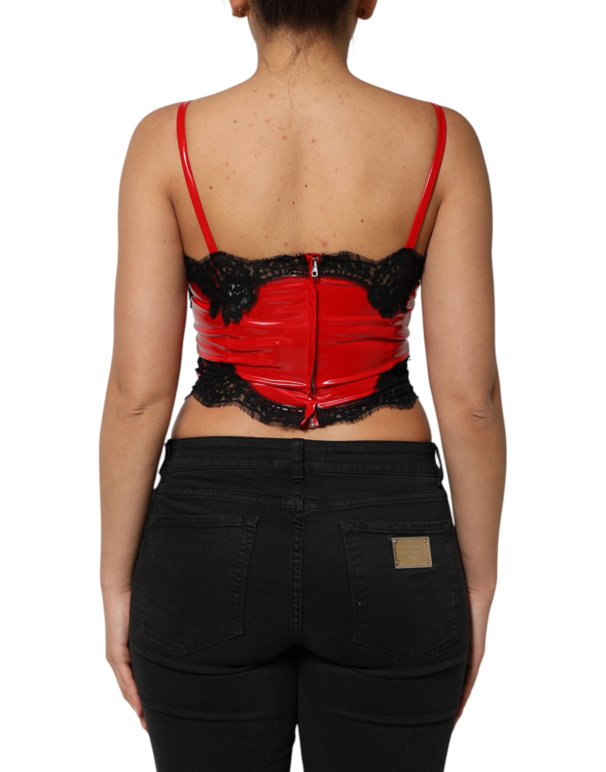 Dolce & Gabbana Red Black Lace Trim Polyester Sleeveless Tank Women's Top