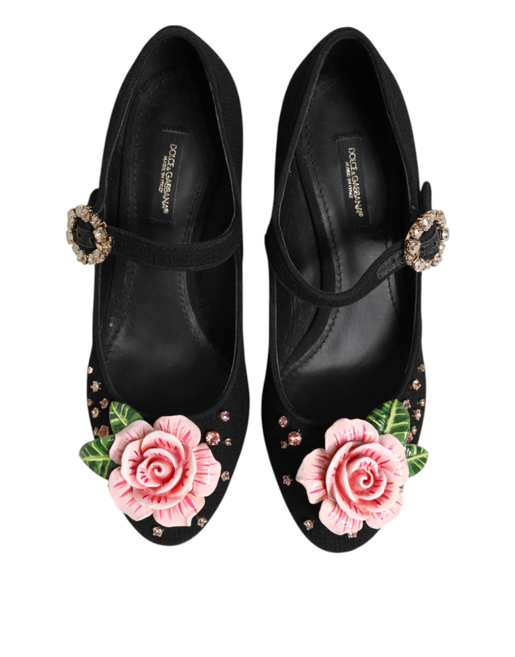 Dolce & Gabbana Black Flower Crystal Embellished Mary Jane Women's Shoes