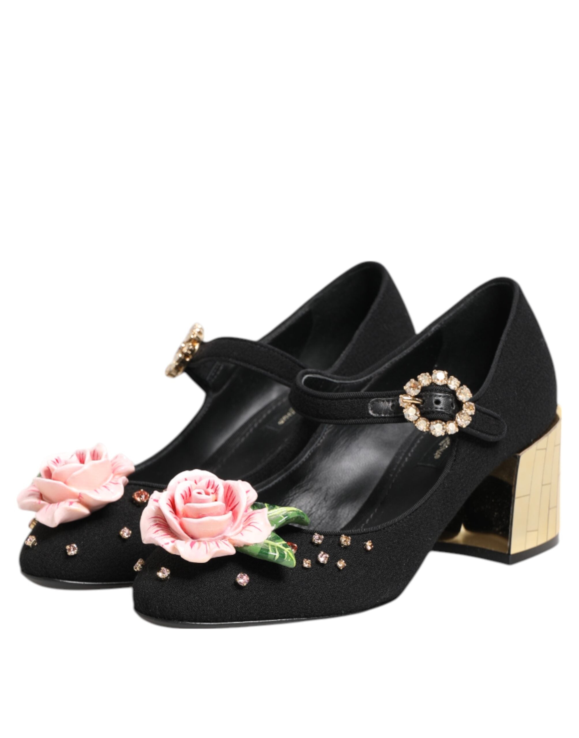 Dolce & Gabbana Black Flower Crystal Embellished Mary Jane Women's Shoes