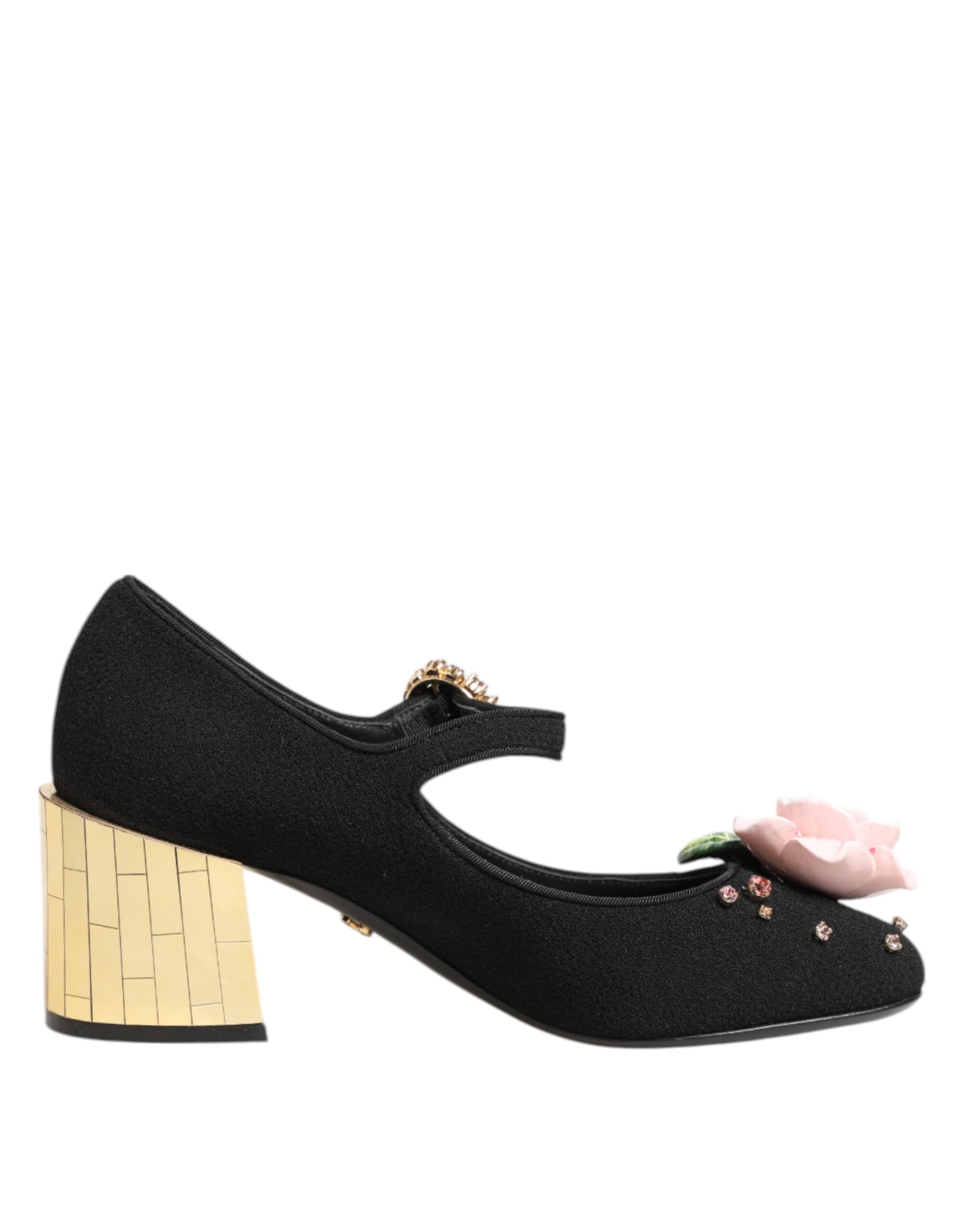 Dolce & Gabbana Black Flower Crystal Embellished Mary Jane Women's Shoes