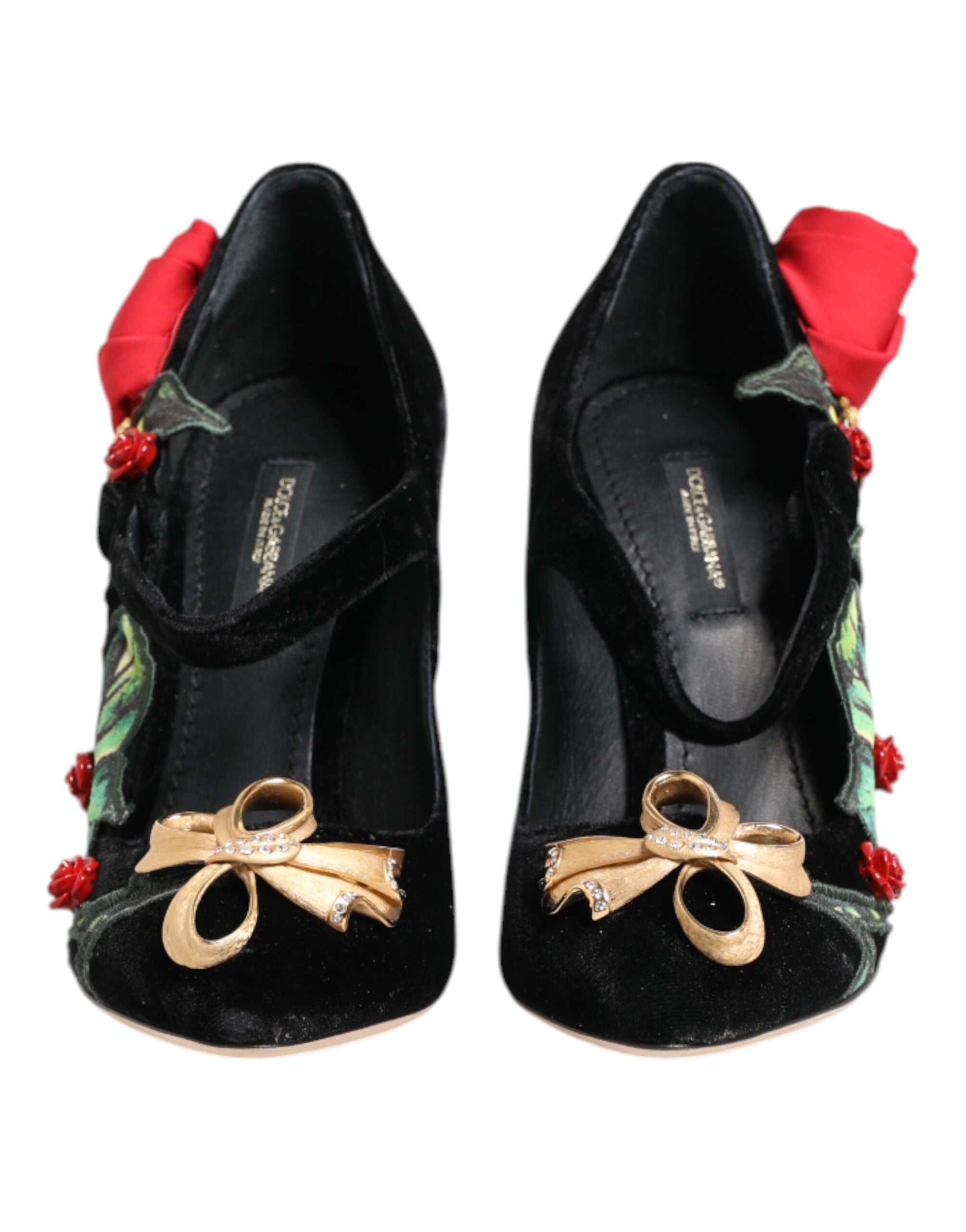 Dolce & Gabbana Black Roses Crystal Brooch Mary Jane Women's Shoes
