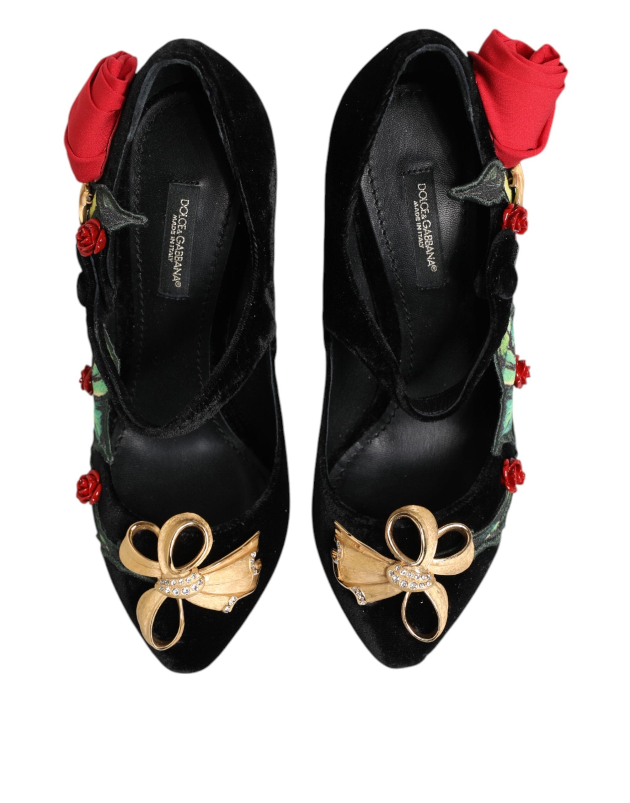 Dolce & Gabbana Black Roses Crystal Brooch Mary Jane Women's Shoes