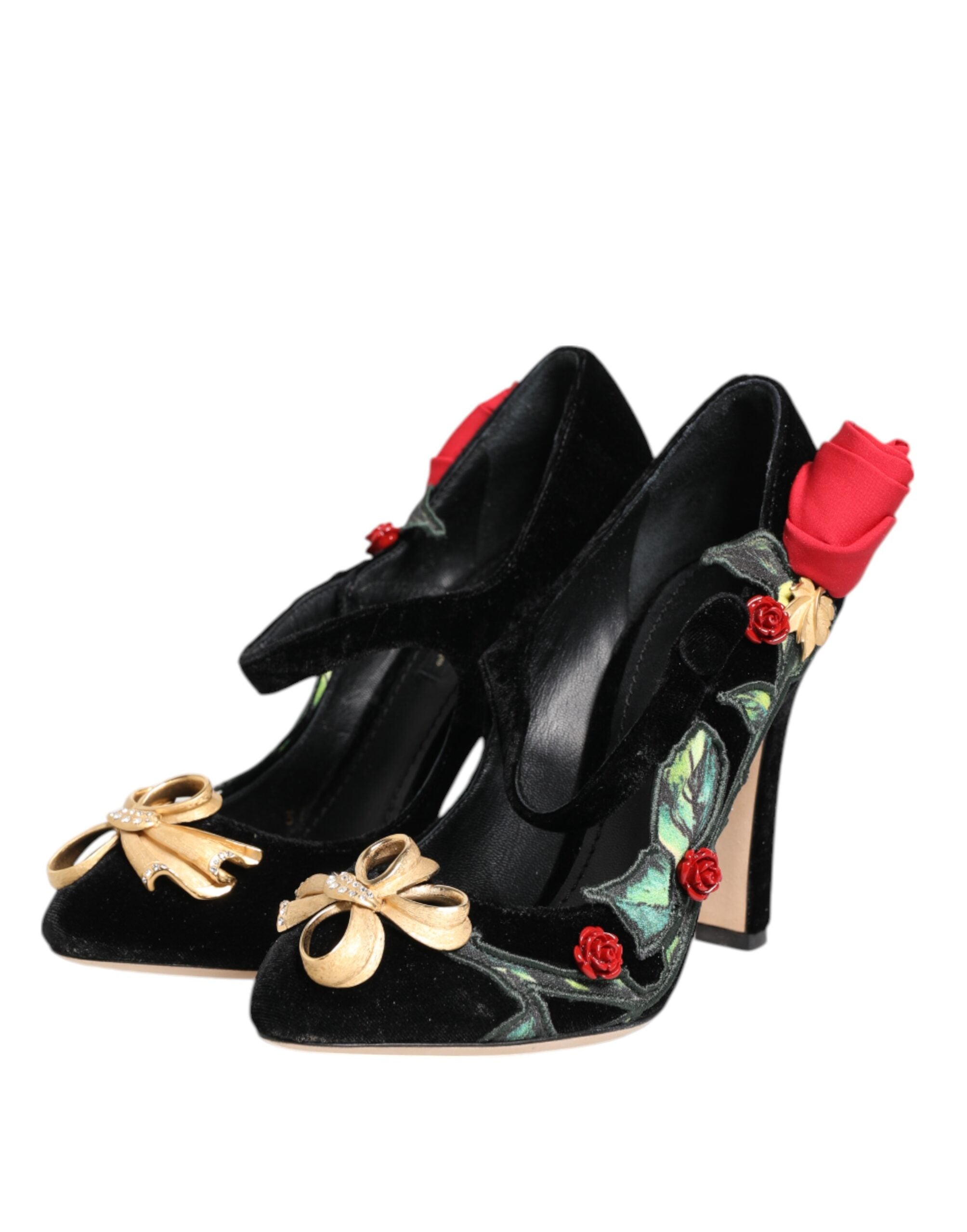 Dolce & Gabbana Black Roses Crystal Brooch Mary Jane Women's Shoes