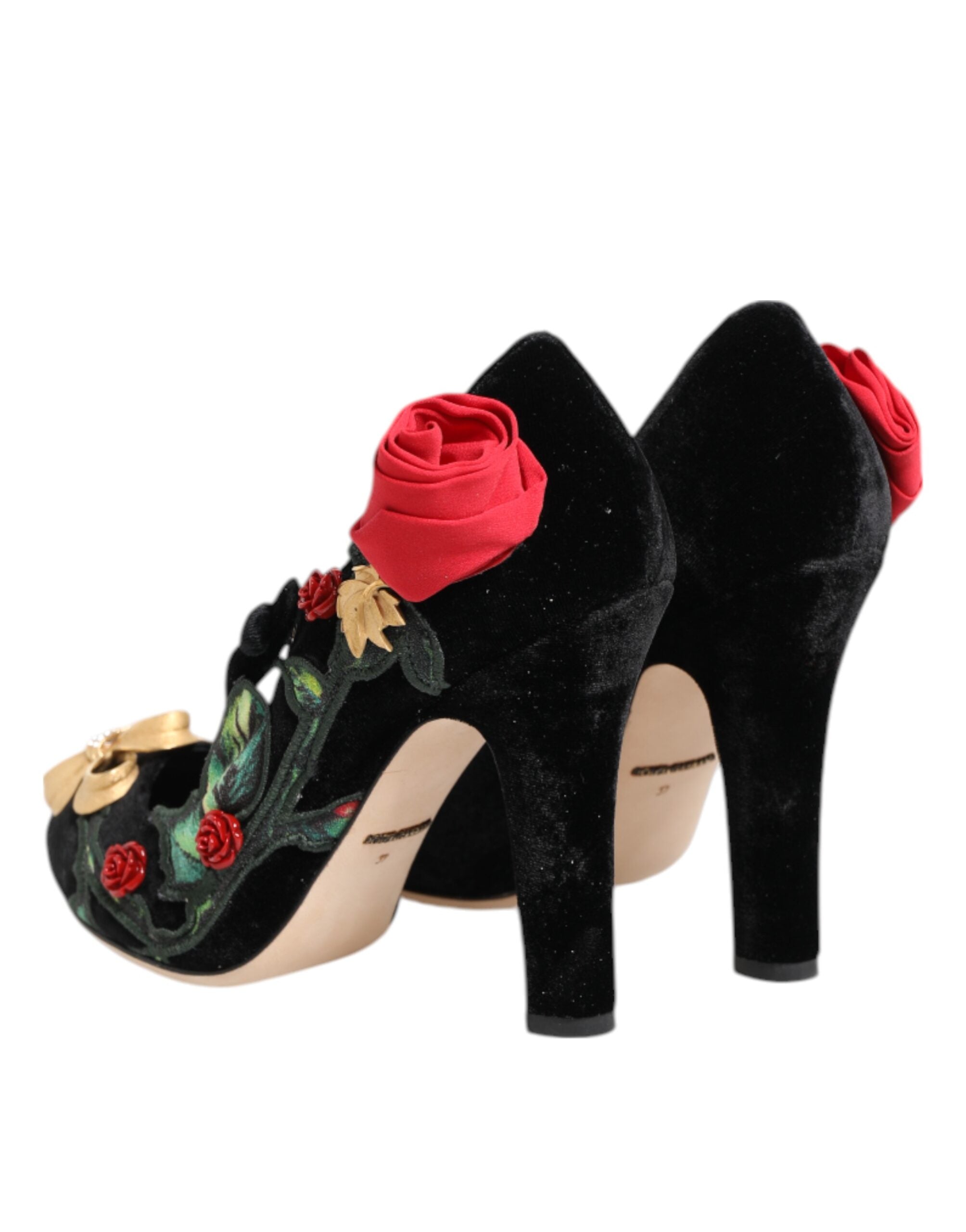 Dolce & Gabbana Black Roses Crystal Brooch Mary Jane Women's Shoes