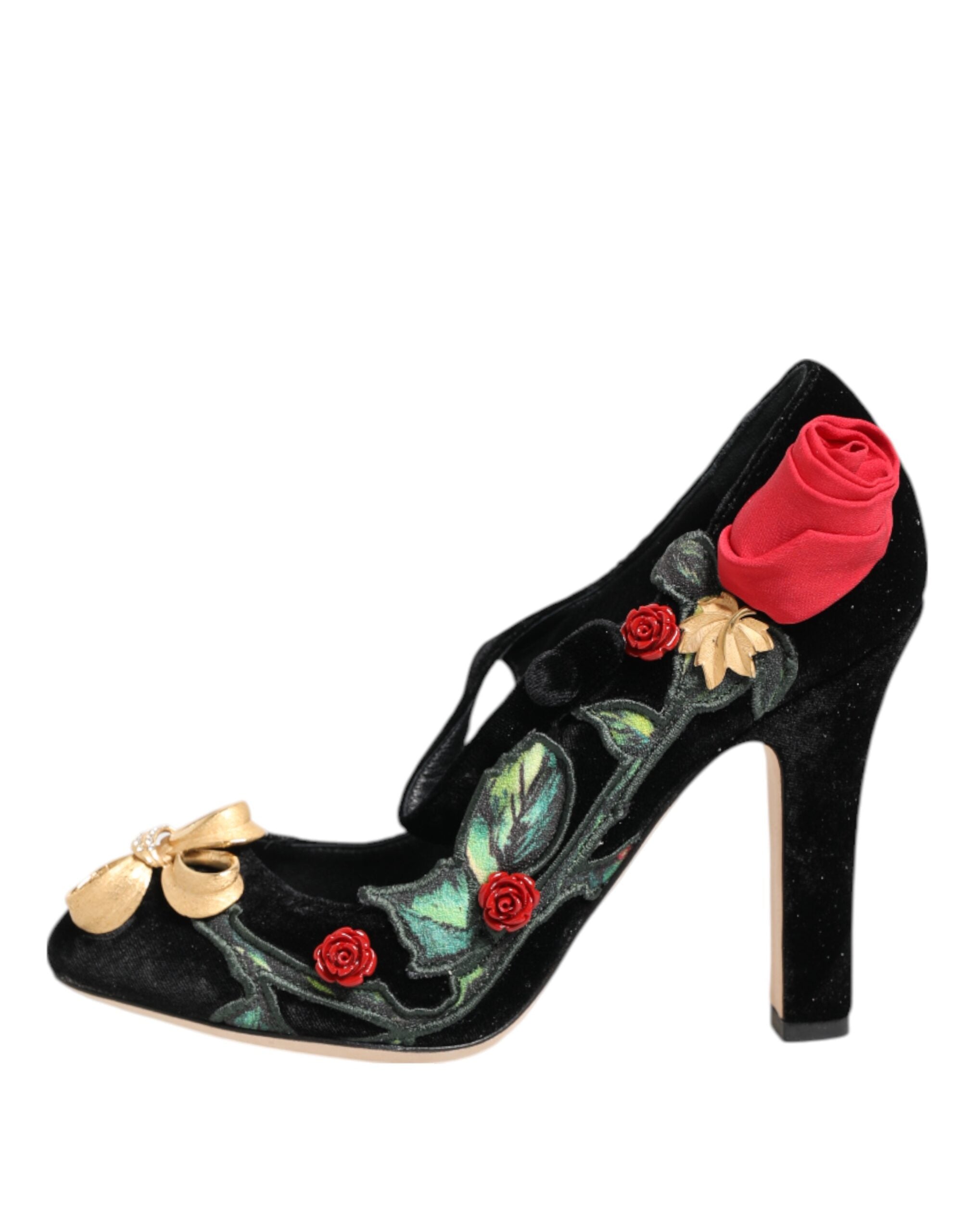 Dolce & Gabbana Black Roses Crystal Brooch Mary Jane Women's Shoes