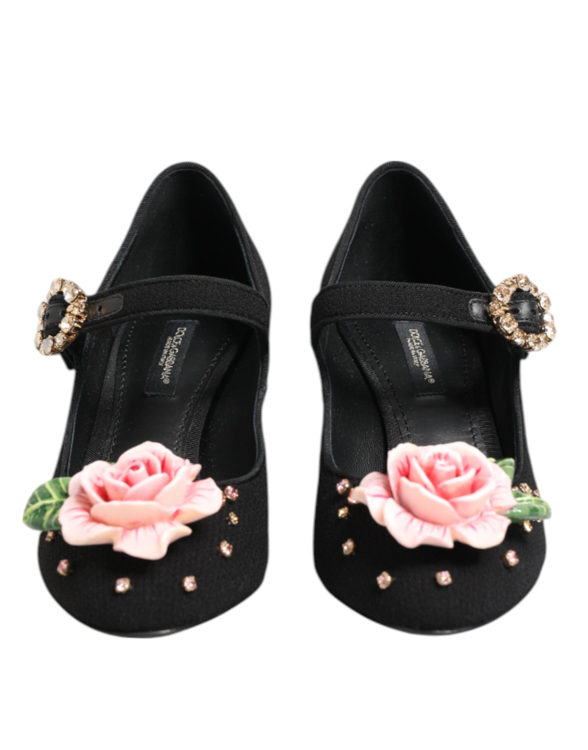 Dolce & Gabbana Black Flower Crystal Embellished Mary Jane Women's Shoes