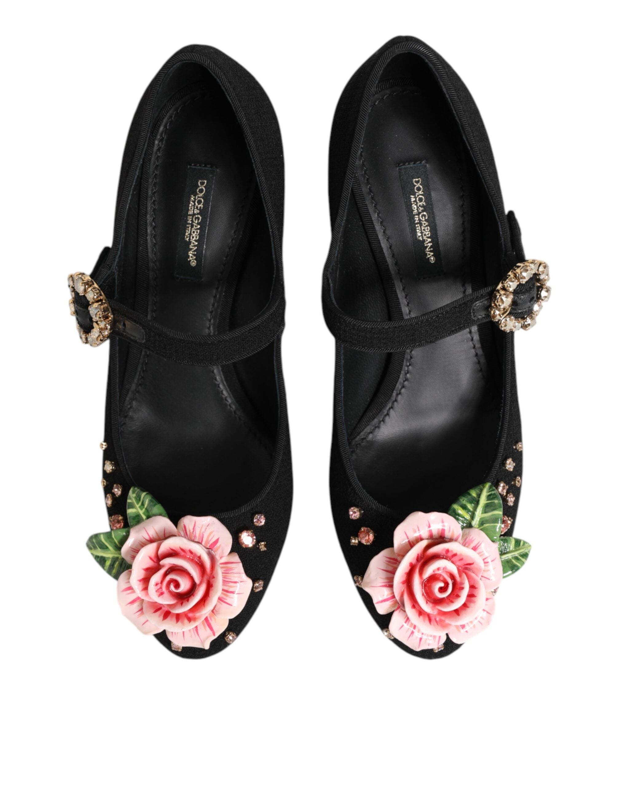 Dolce & Gabbana Black Flower Crystal Embellished Mary Jane Women's Shoes