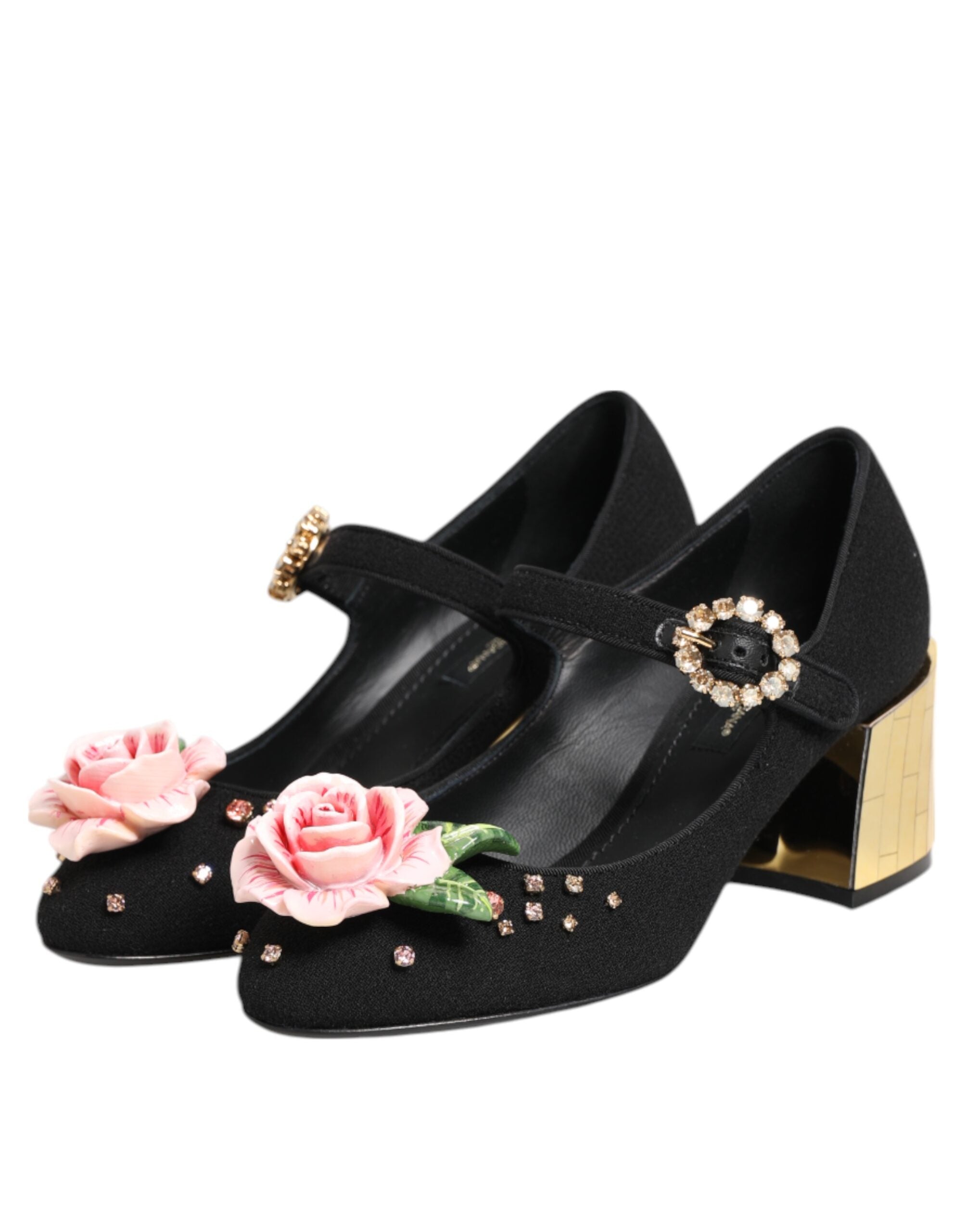 Dolce & Gabbana Black Flower Crystal Embellished Mary Jane Women's Shoes