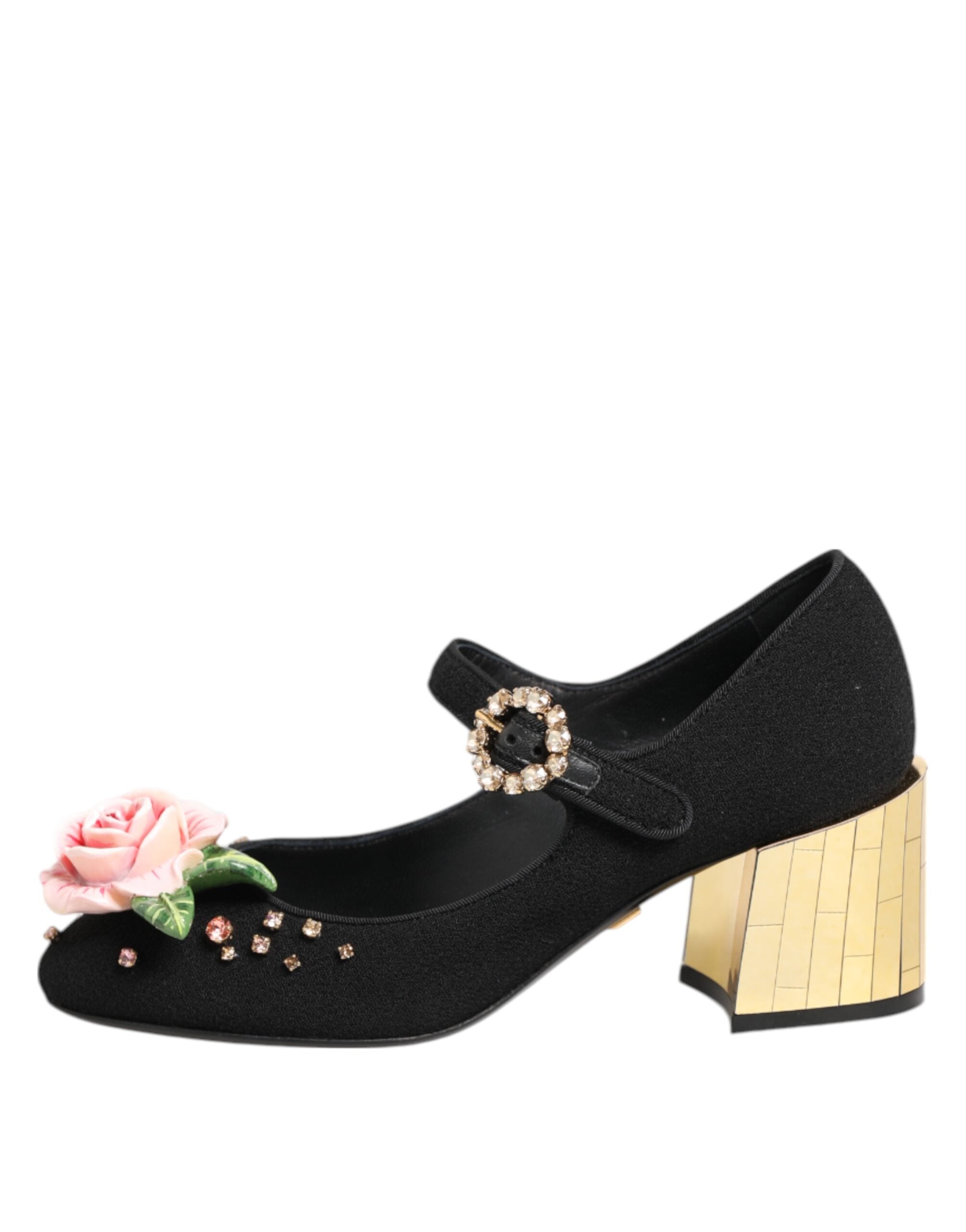 Dolce & Gabbana Black Flower Crystal Embellished Mary Jane Women's Shoes