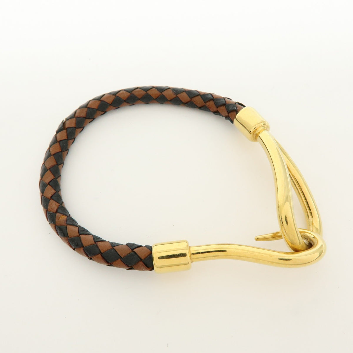Hermes Jumbo Hook Braided Leather And Metal Brown Leather Bracelet Jewelry (Pre-Owned)