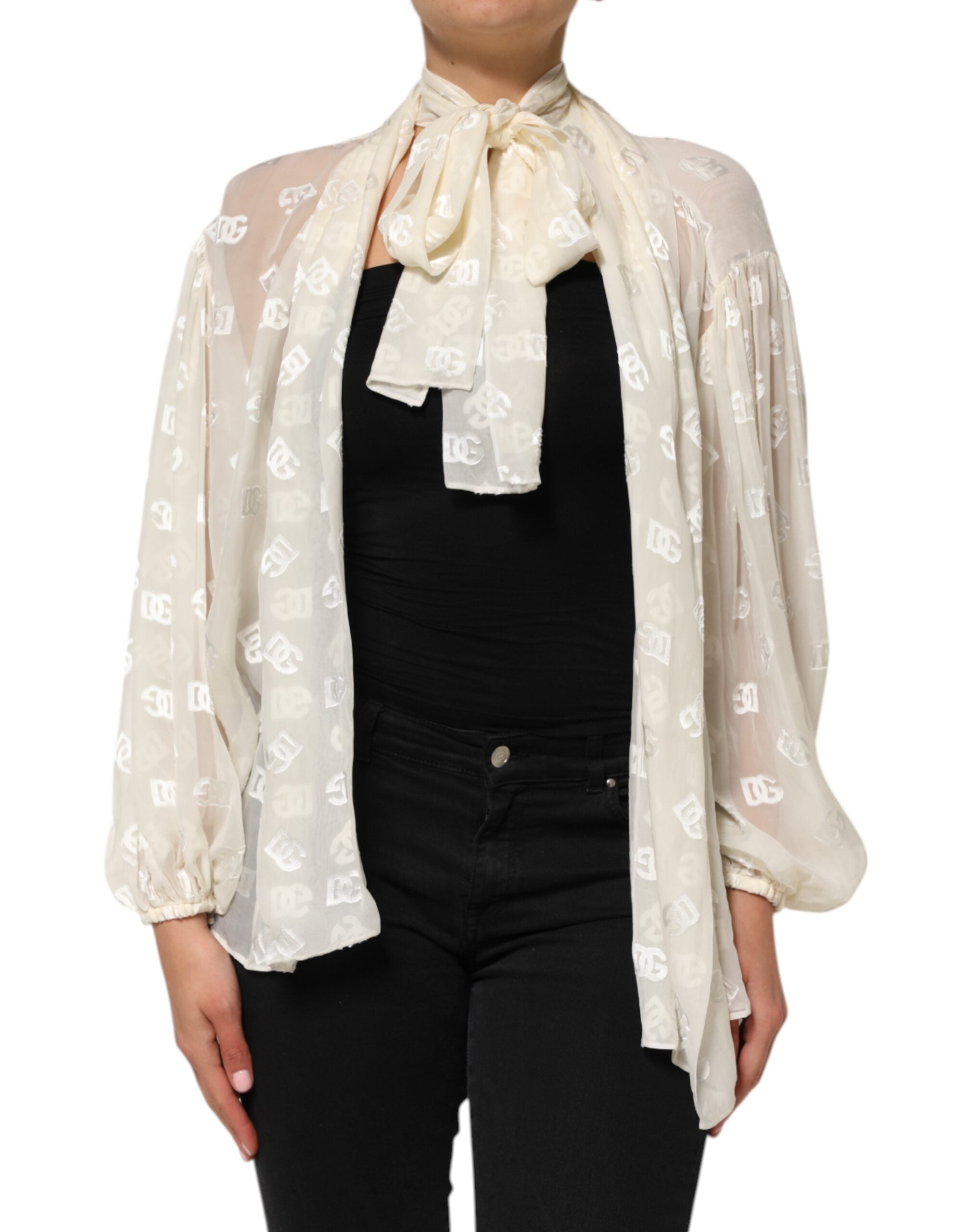 Dolce & Gabbana Off White Logo Monogram Ascot Collar Women's Top (Pre-Owned)