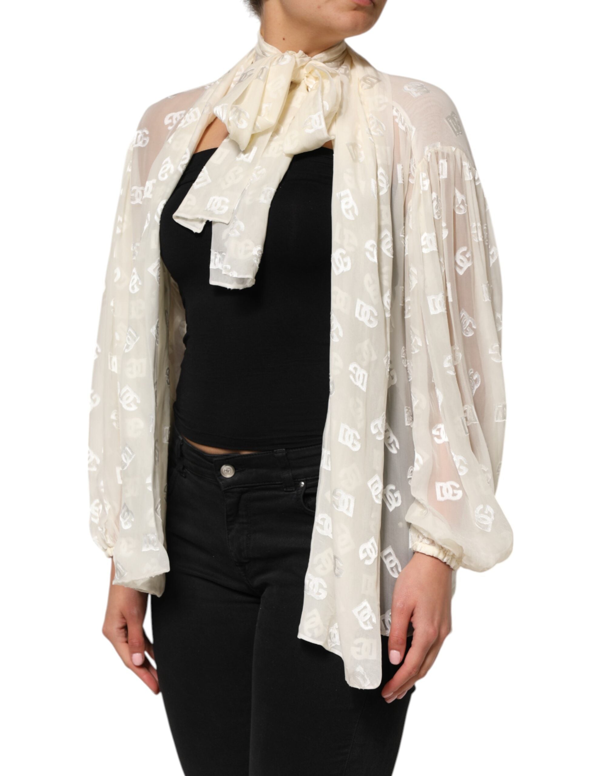 Dolce & Gabbana Off White Logo Monogram Ascot Collar Women's Top (Pre-Owned)