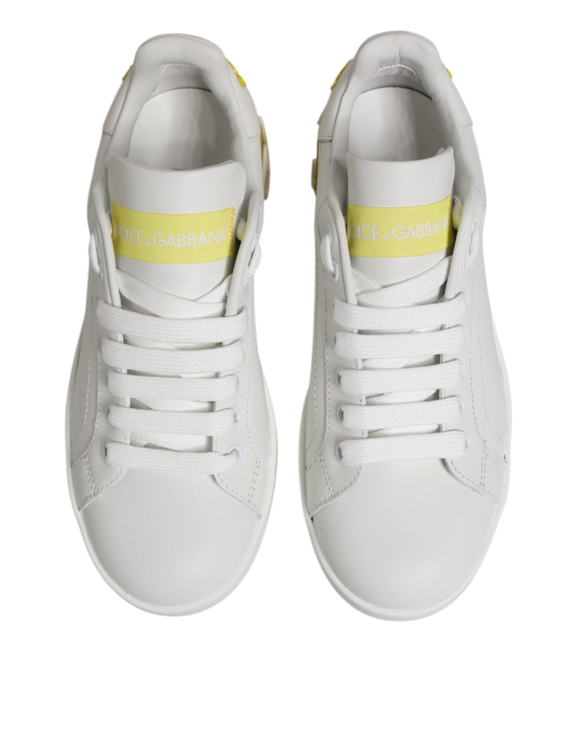 Dolce & Gabbana White Yellow Leather Low Top Sneakers Women's Shoes