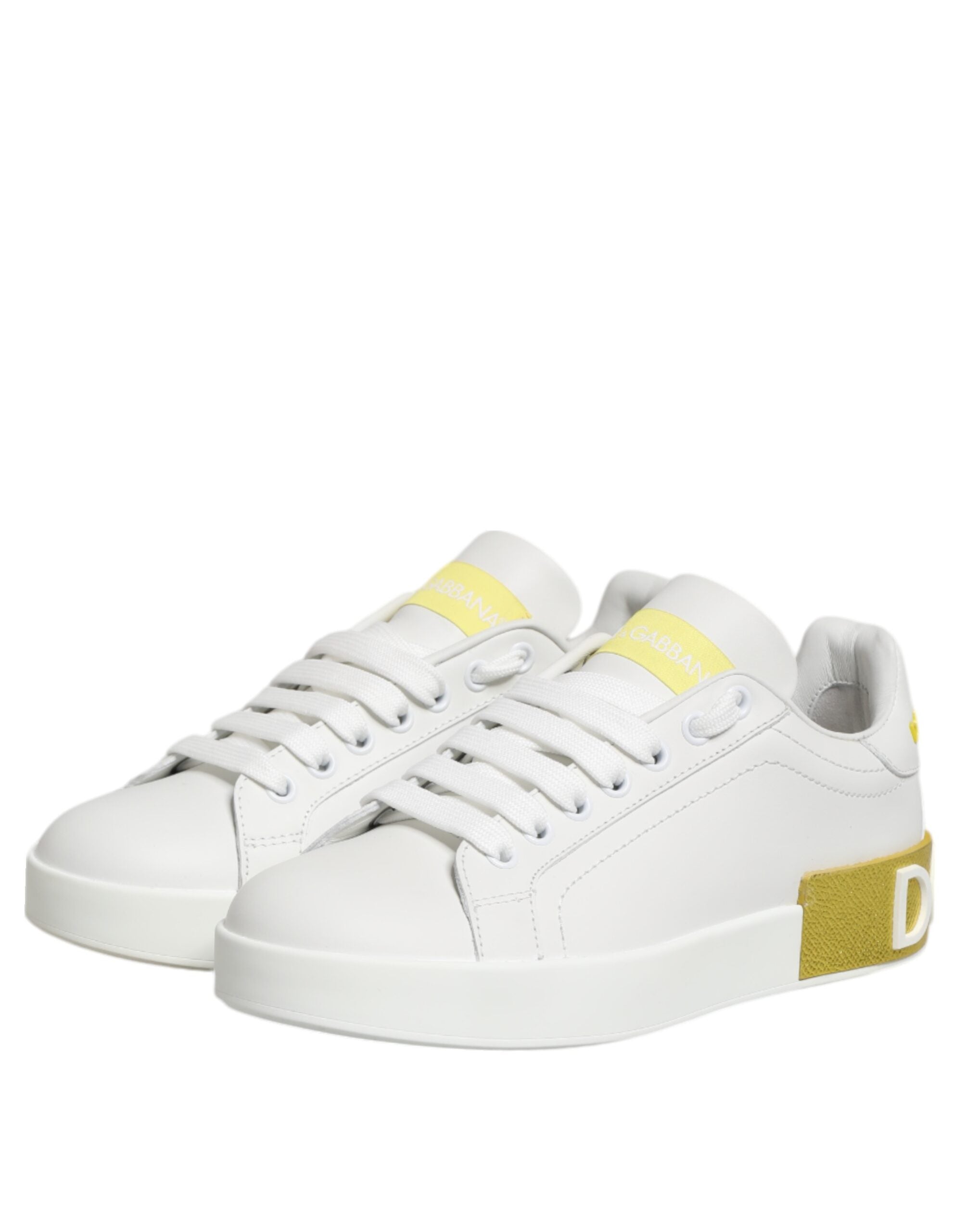 Dolce & Gabbana White Yellow Leather Low Top Sneakers Women's Shoes