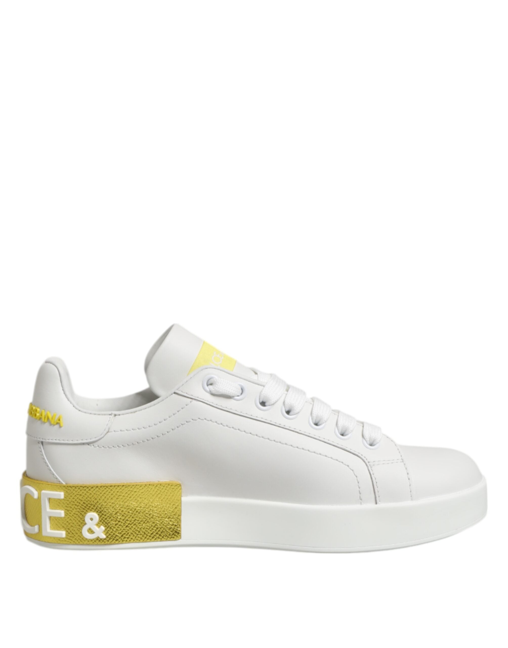 Dolce & Gabbana White Yellow Leather Low Top Sneakers Women's Shoes