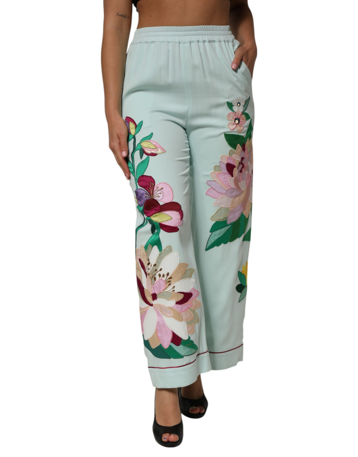 Dolce & Gabbana Green Floral Garterized Straight Pajama Women's Pants