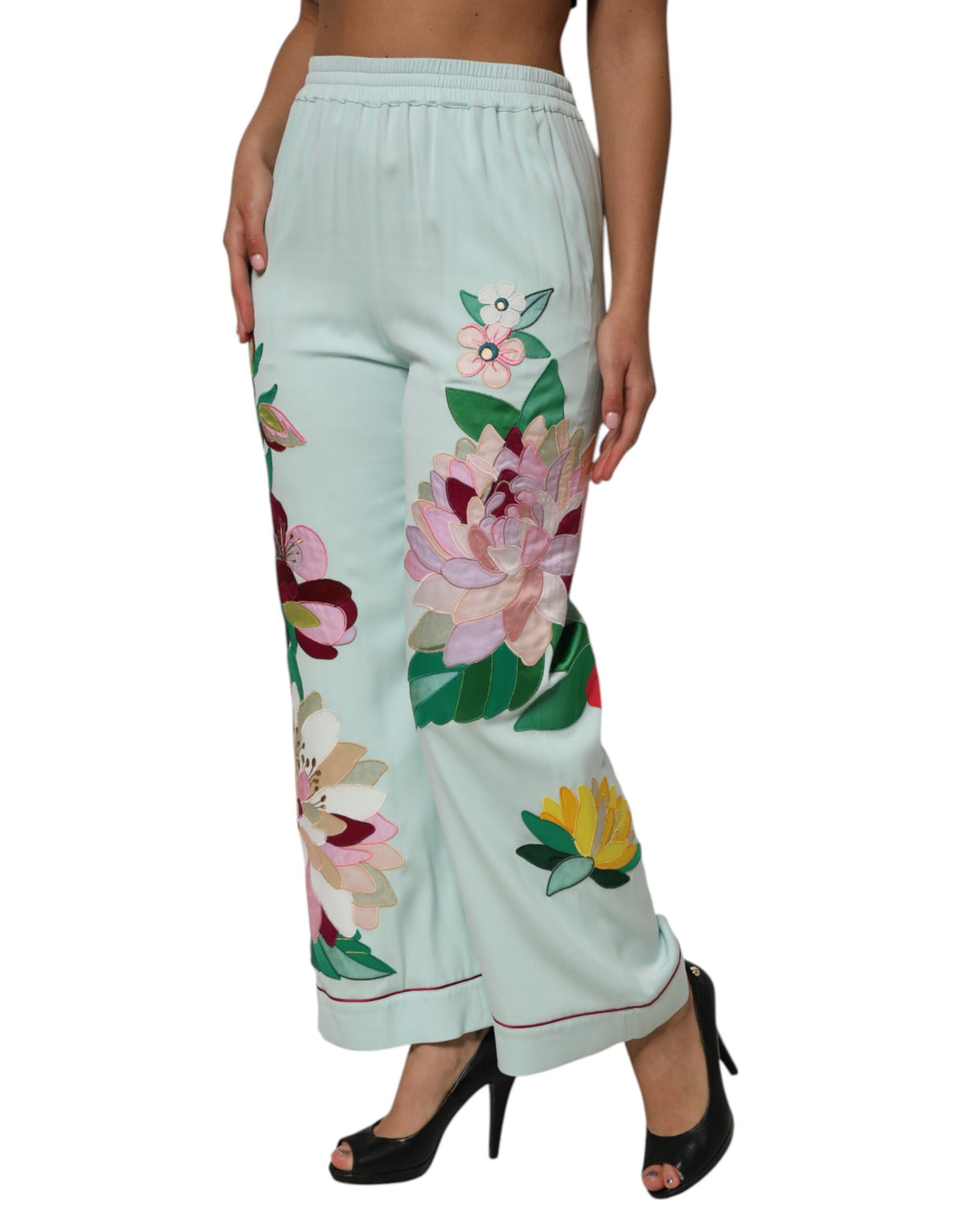 Dolce & Gabbana Green Floral Garterized Straight Pajama Women's Pants