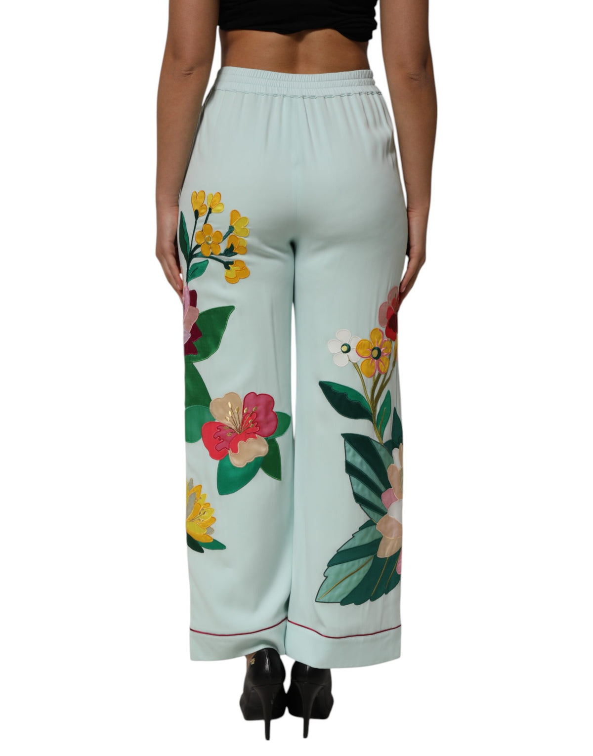 Dolce & Gabbana Green Floral Garterized Straight Pajama Women's Pants