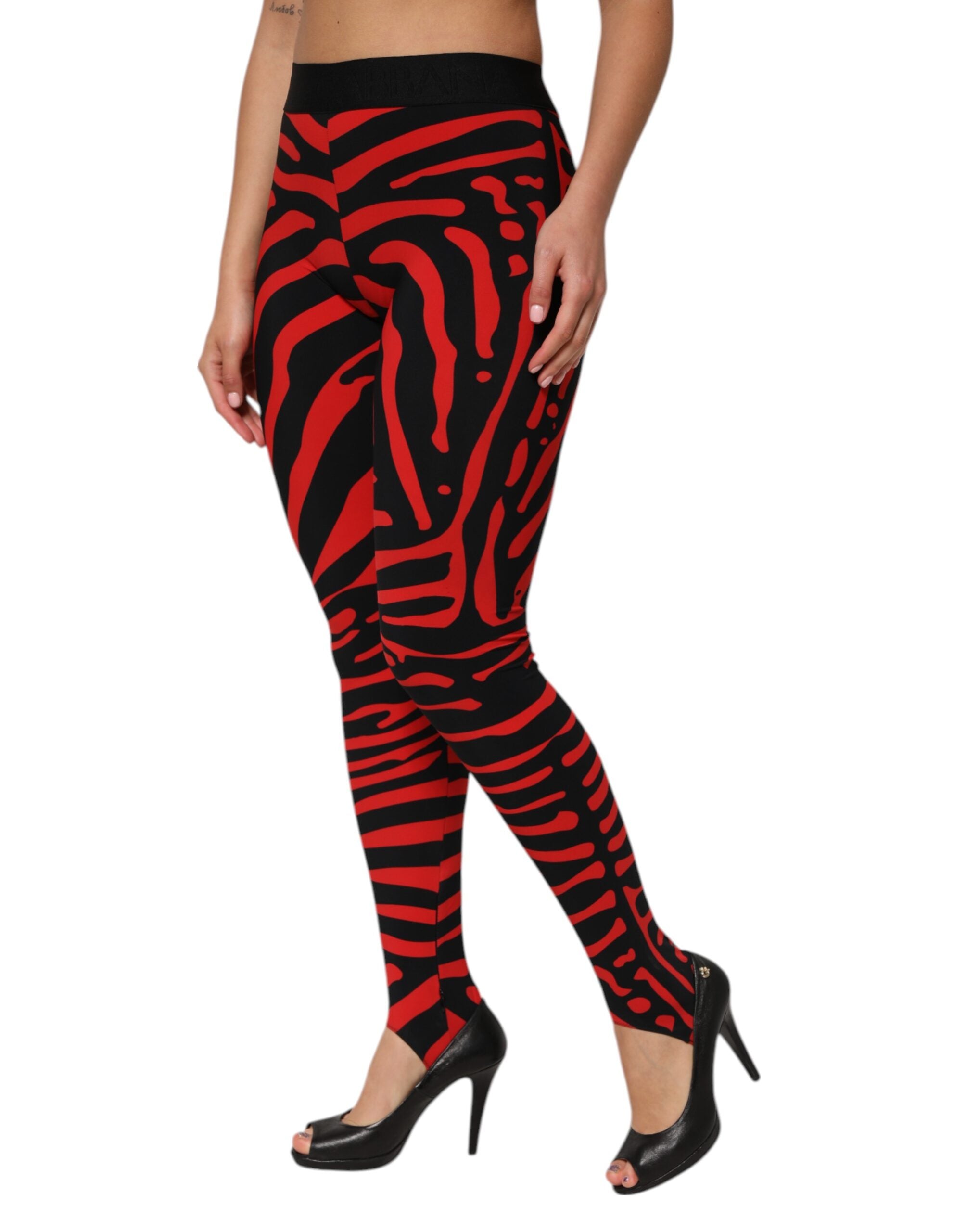 Dolce & Gabbana Black Red Nylon Logo Waisted Leggings Women's Pants