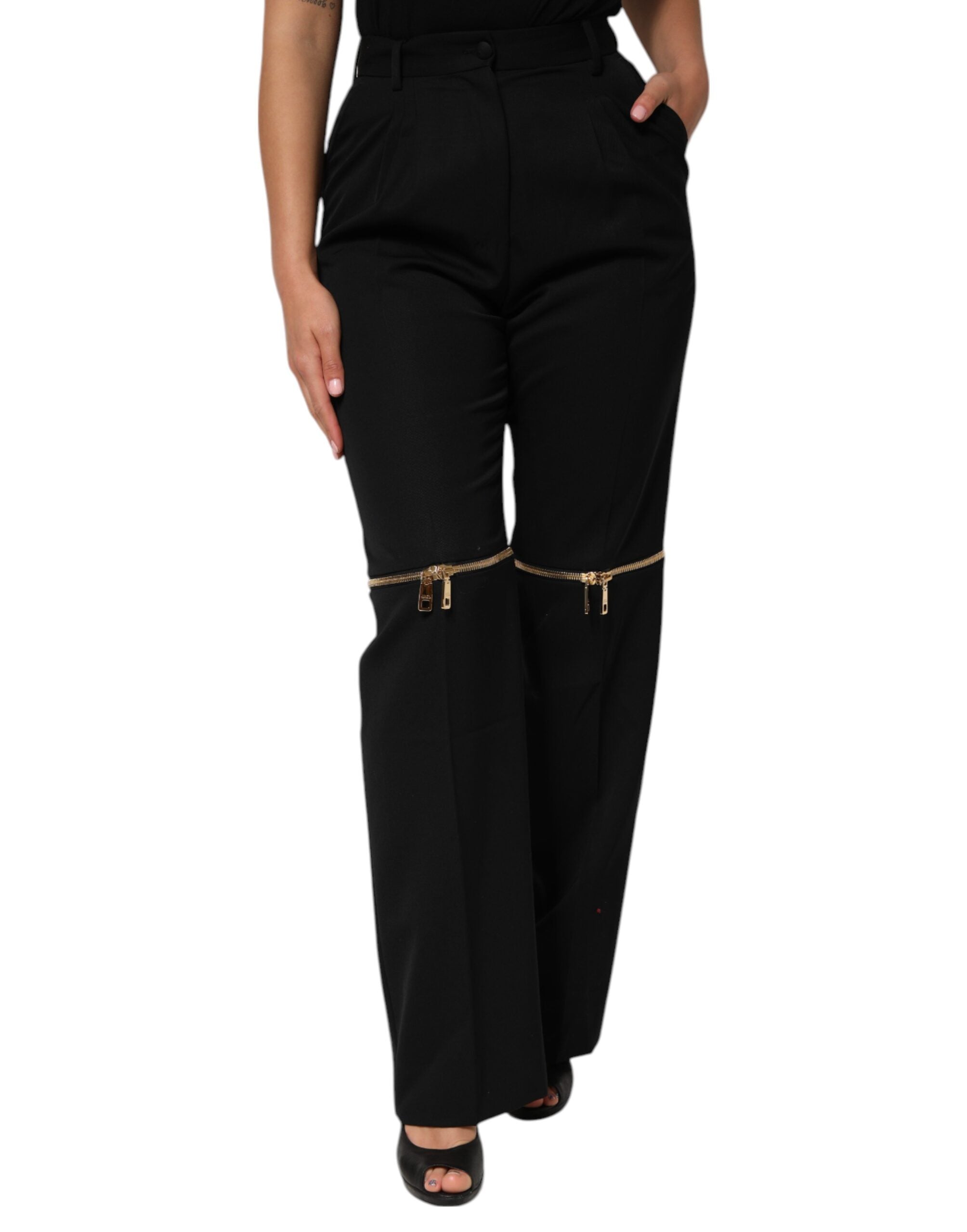 Dolce & Gabbana Black Zip Detailed Wool Straight Leg Women's Pants