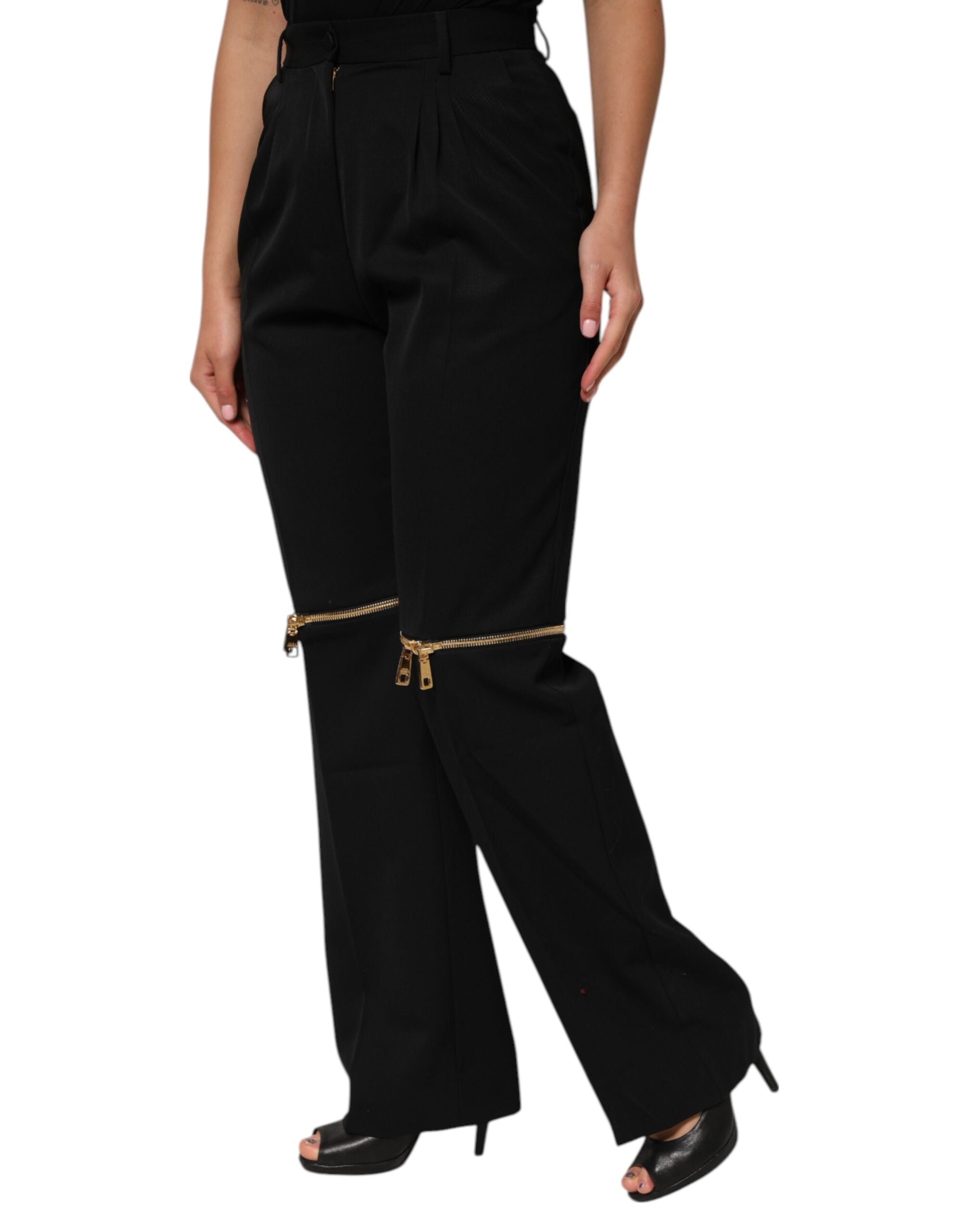 Dolce & Gabbana Black Zip Detailed Wool Straight Leg Women's Pants