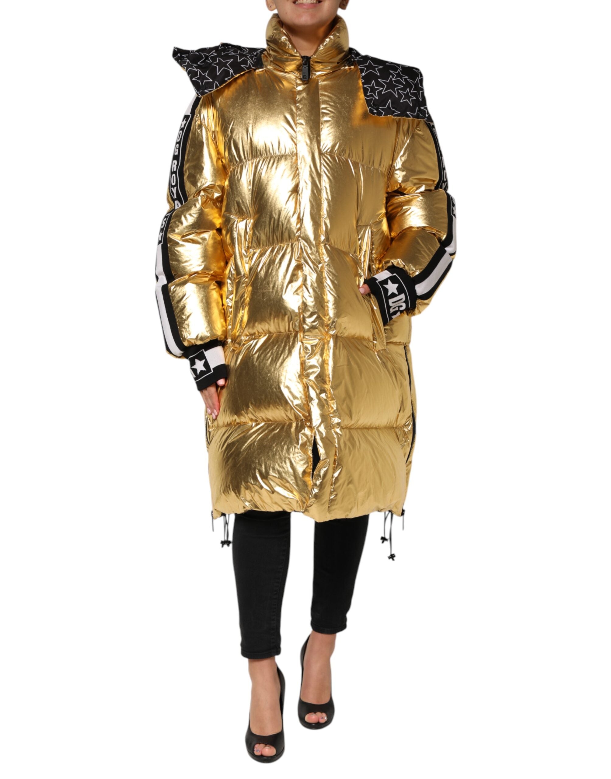 Dolce & Gabbana Gold Hooded Puffer Quilted Full Zip Women's Jacket
