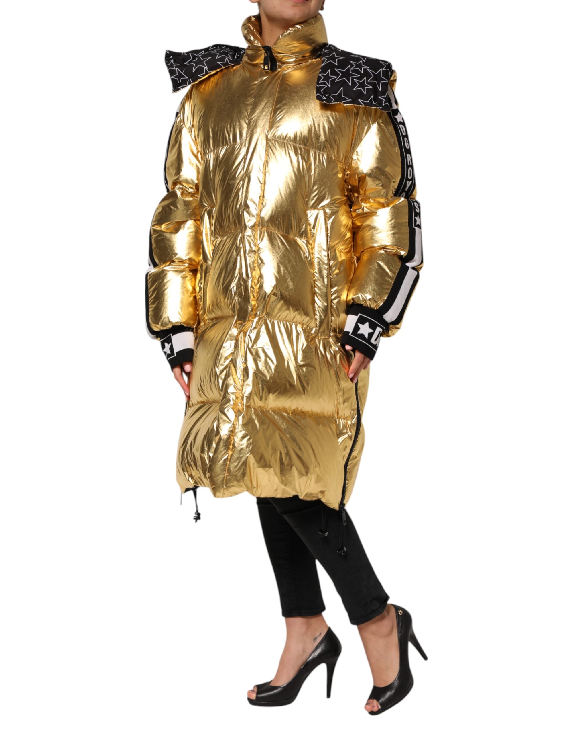 Dolce & Gabbana Gold Hooded Puffer Quilted Full Zip Women's Jacket