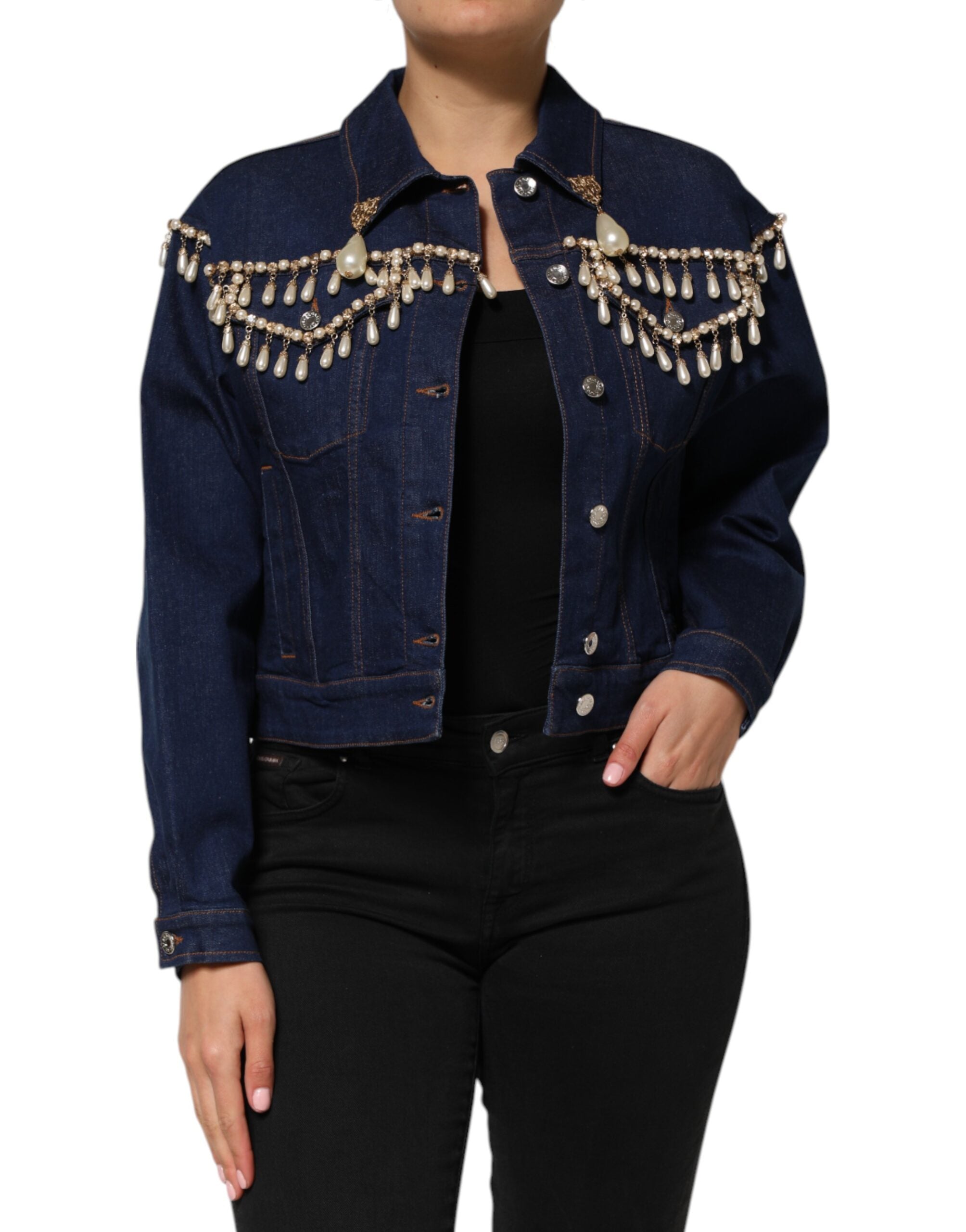 Dolce & Gabbana Blue Cotton Denim Crystal Embellished Women's Jacket