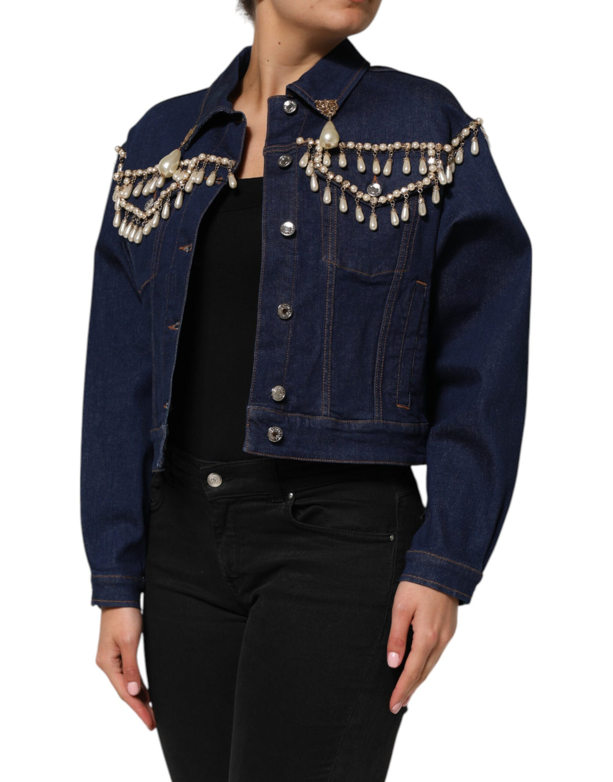 Dolce & Gabbana Blue Cotton Denim Crystal Embellished Women's Jacket