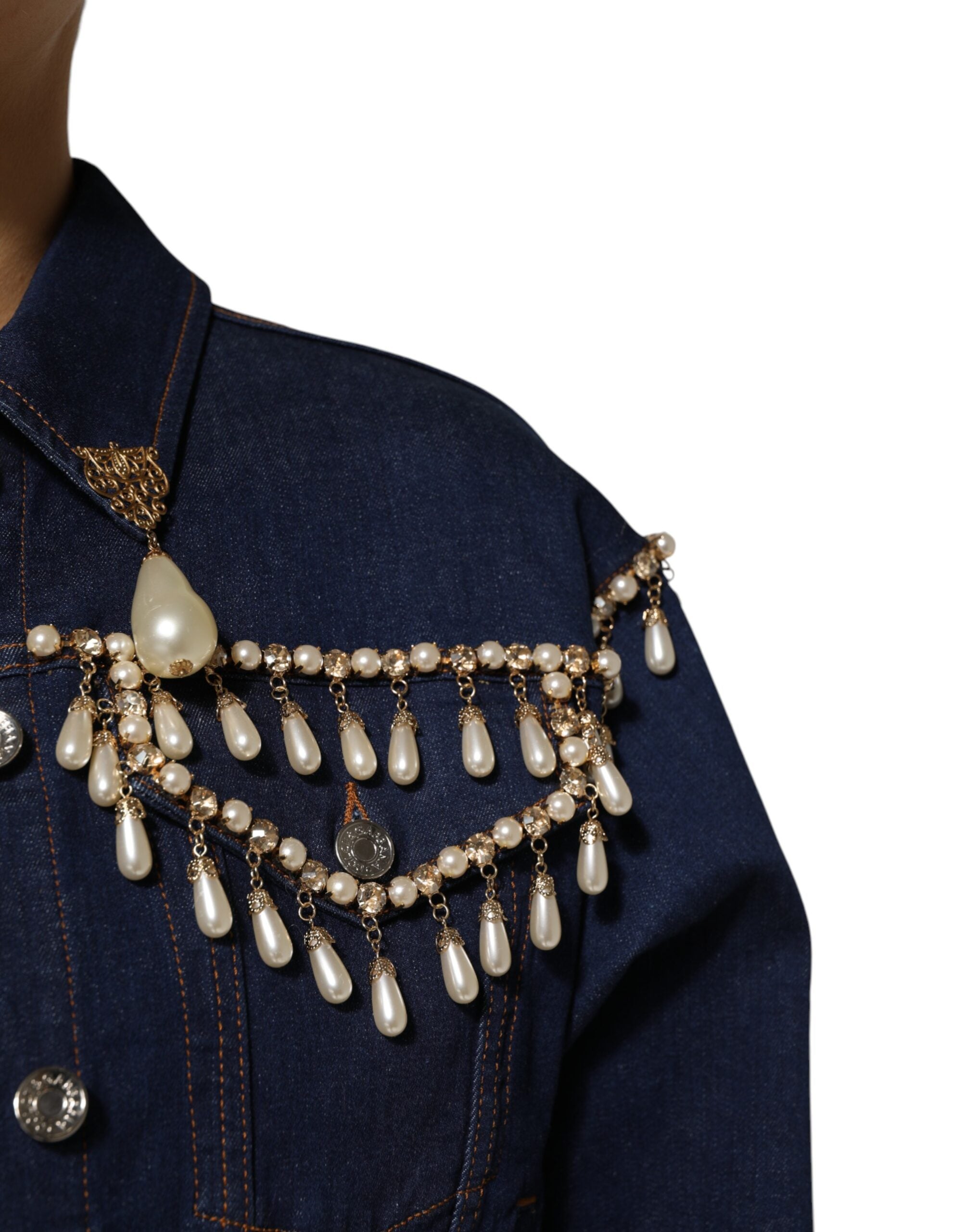 Dolce & Gabbana Blue Cotton Denim Crystal Embellished Women's Jacket