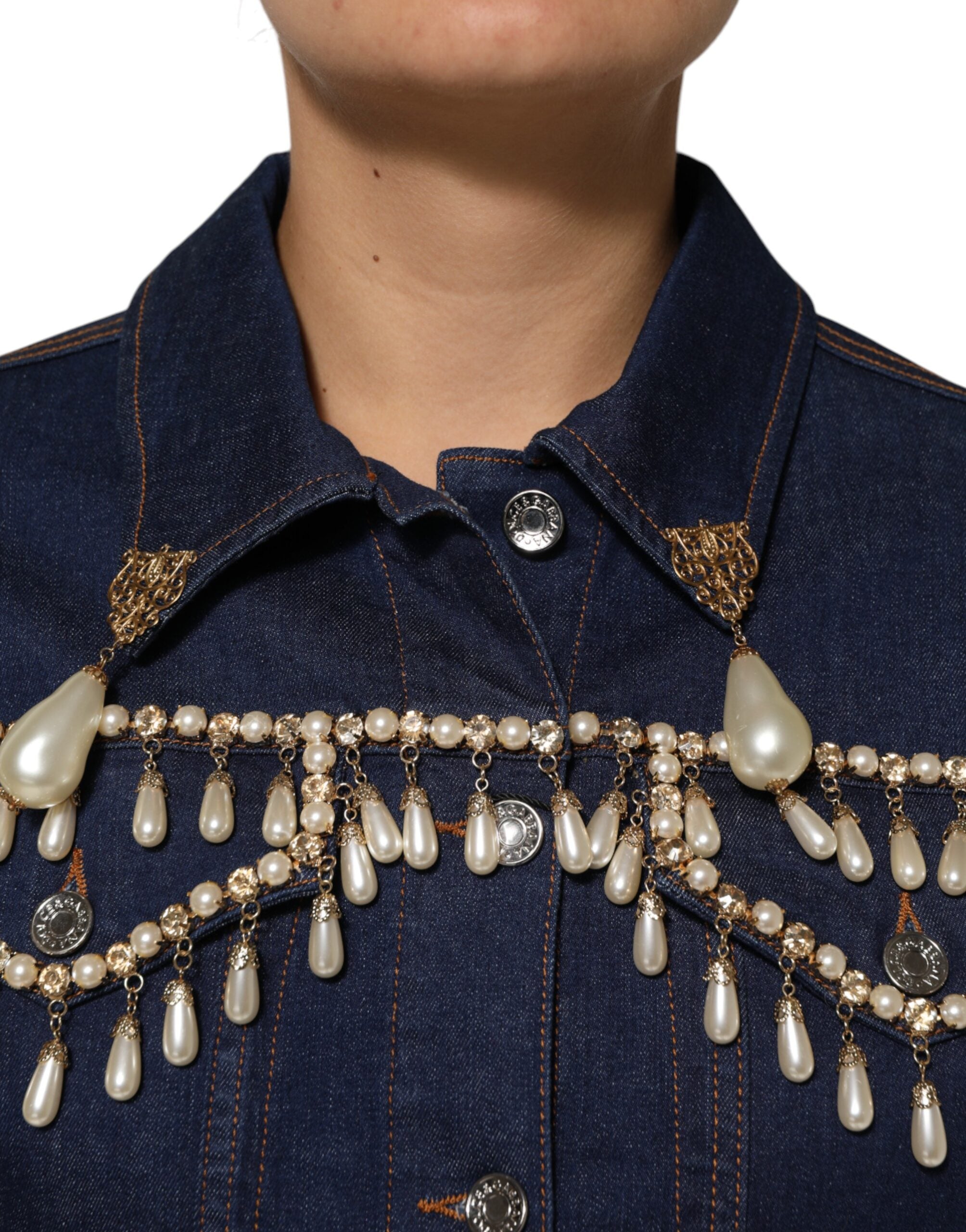 Dolce & Gabbana Blue Cotton Denim Crystal Embellished Women's Jacket