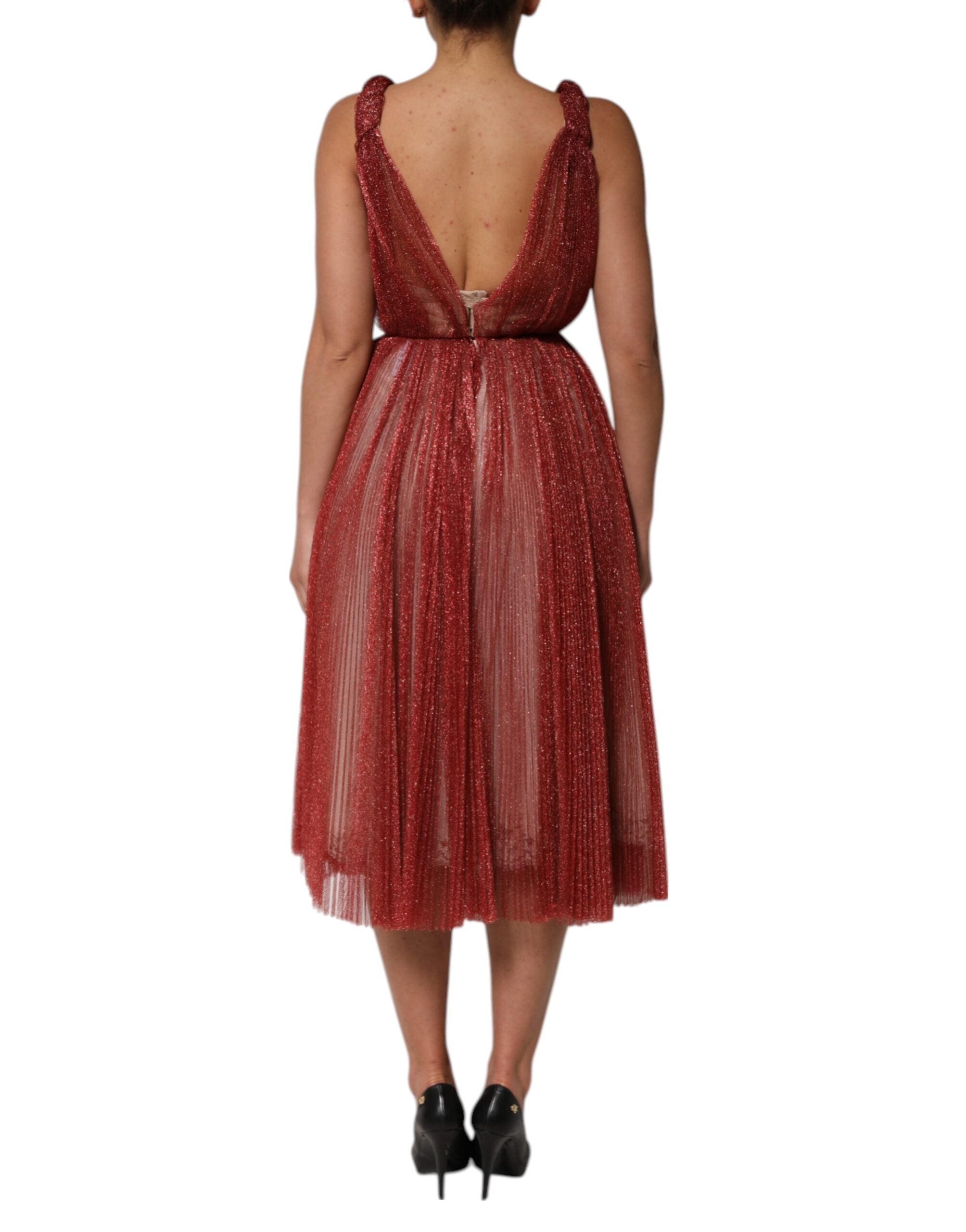 Dolce & Gabbana Burgundy Mesh Sleeveless Midi A-line Women's Dress (Pre-Owned)