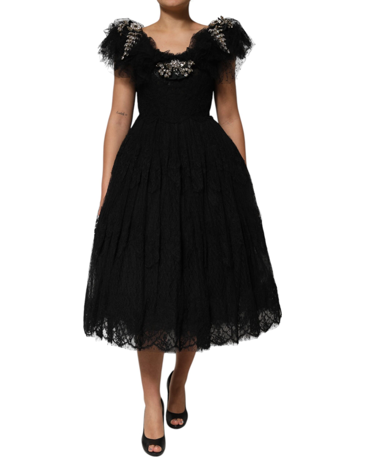 Dolce & Gabbana Black Crystal Embellished Midi A-line Women's Dress