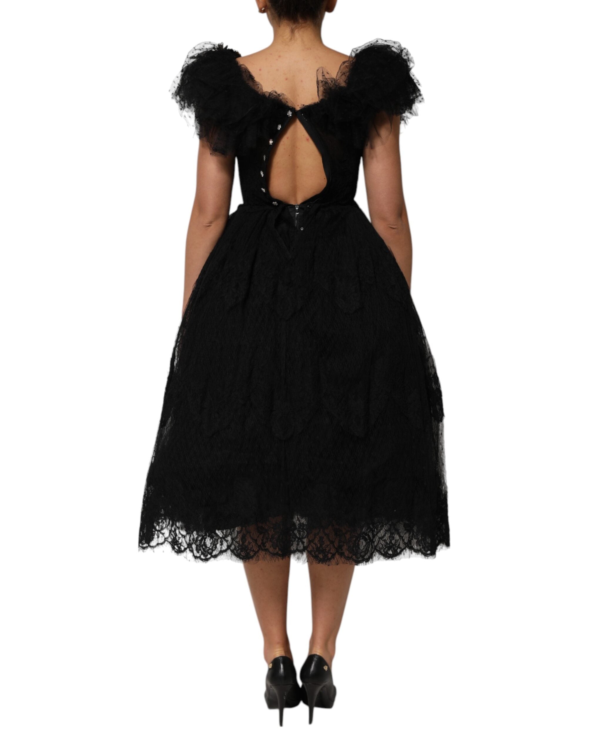 Dolce & Gabbana Black Crystal Embellished Midi A-line Women's Dress