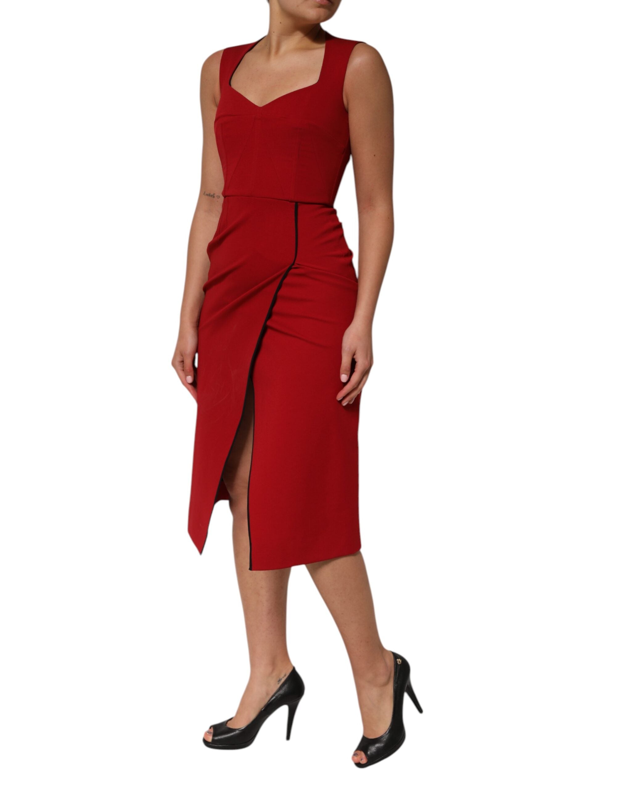 Dolce & Gabbana Red Viscose Stretch Slit Sheath Midi Women's Dress (Pre-Owned)