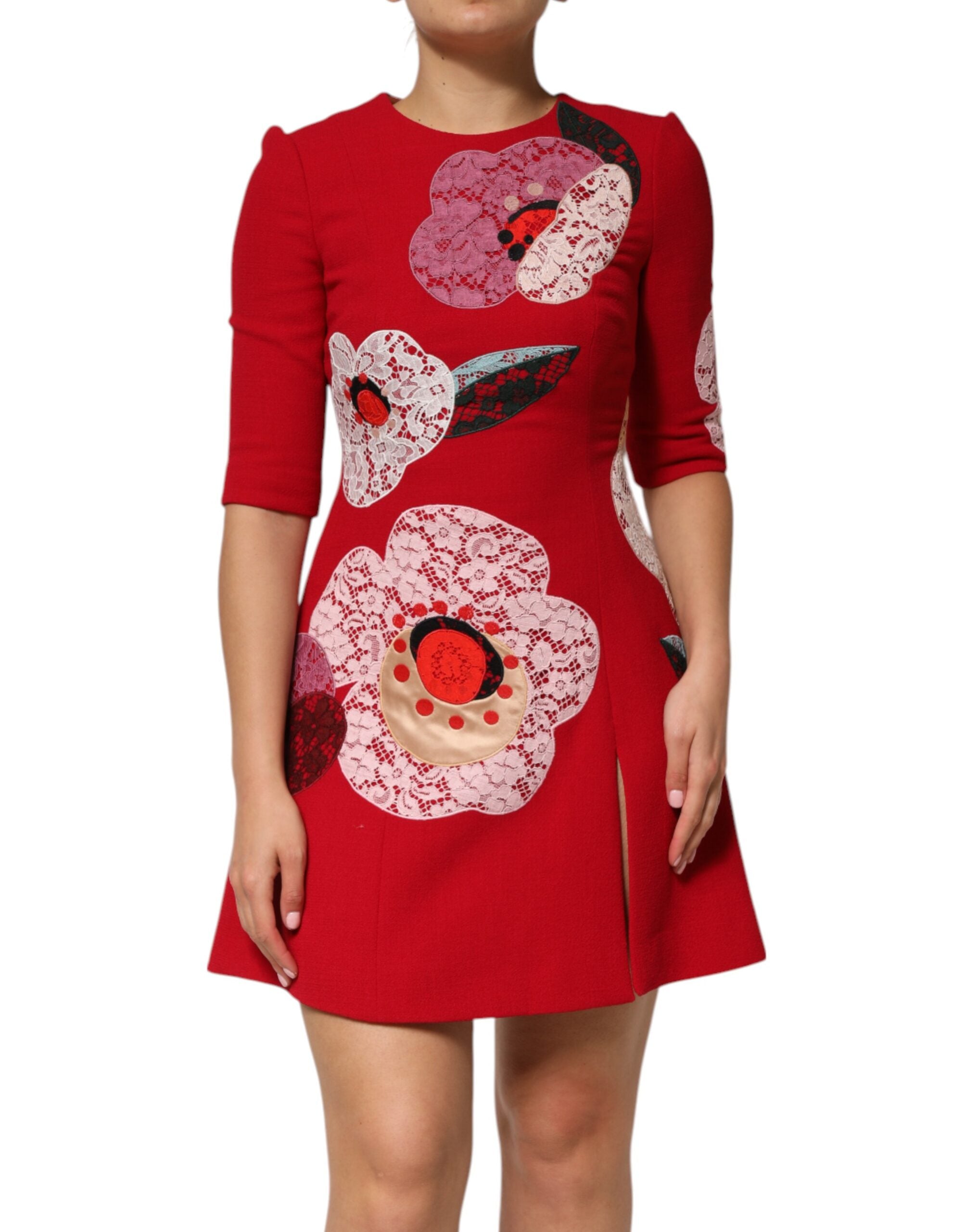 Dolce & Gabbana Red Lace Floral Applique A-line Mini Women's Dress