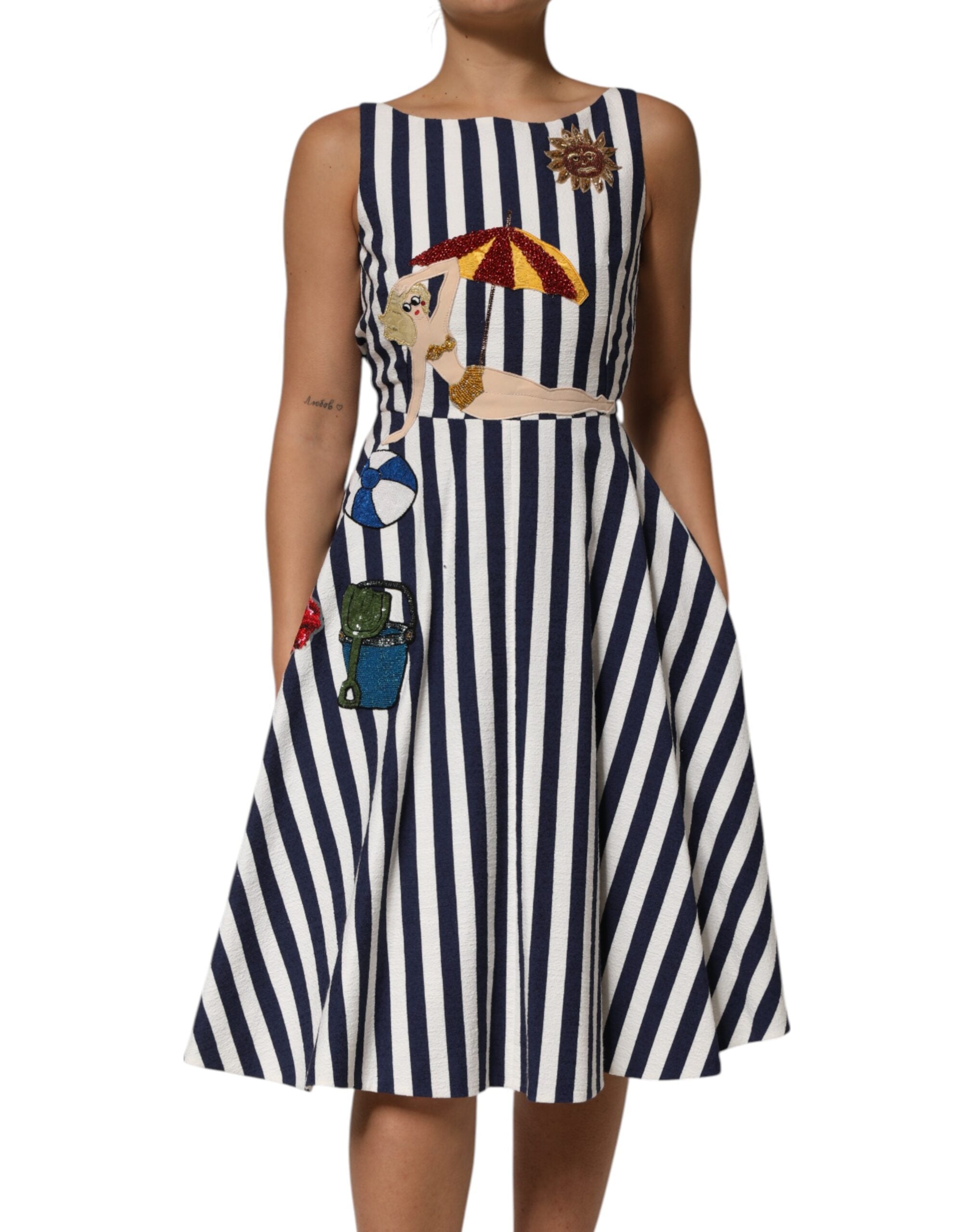 Dolce & Gabbana Blue White Striped Embroidered A-line Women's Dress