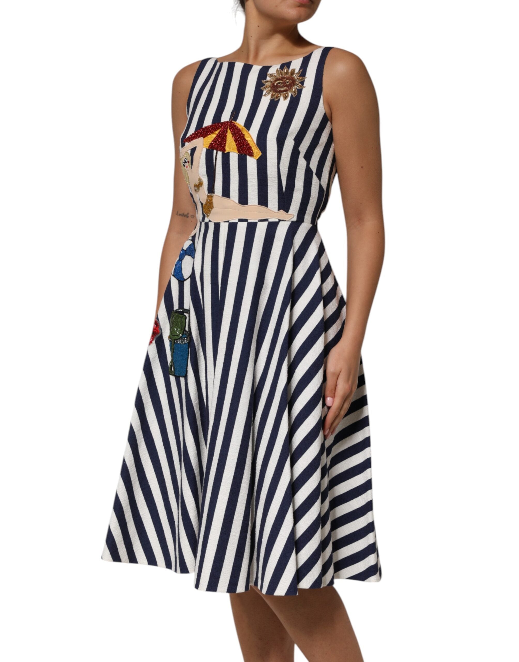 Dolce & Gabbana Blue White Striped Embroidered A-line Women's Dress