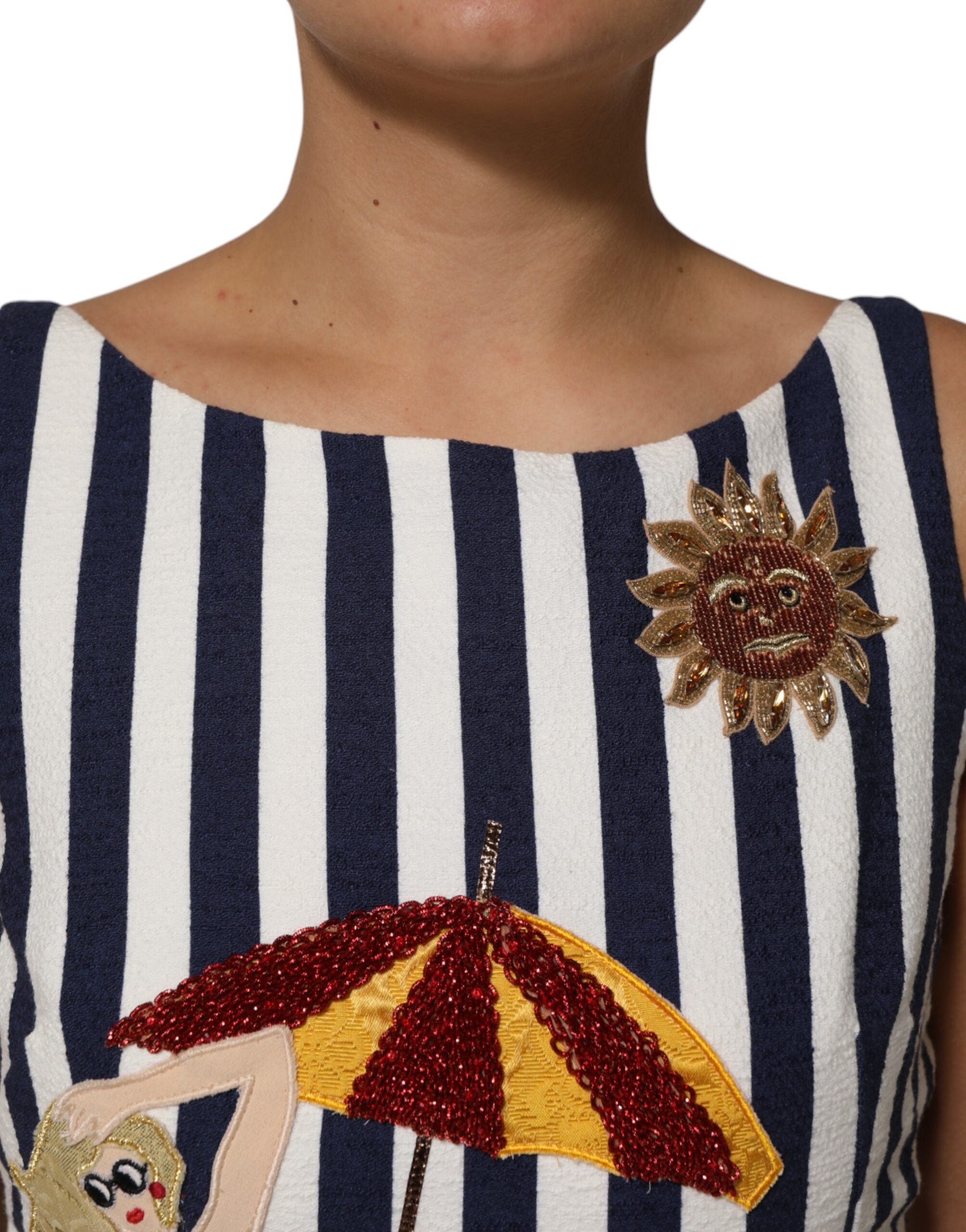 Dolce & Gabbana Blue White Striped Embroidered A-line Women's Dress