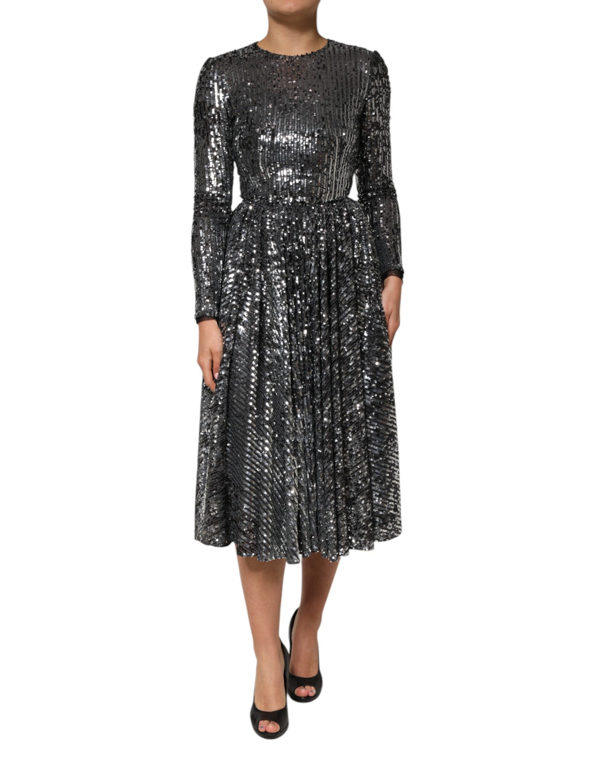 Dolce & Gabbana Black Sequined Long Sleeves Midi A-line Women's Dress