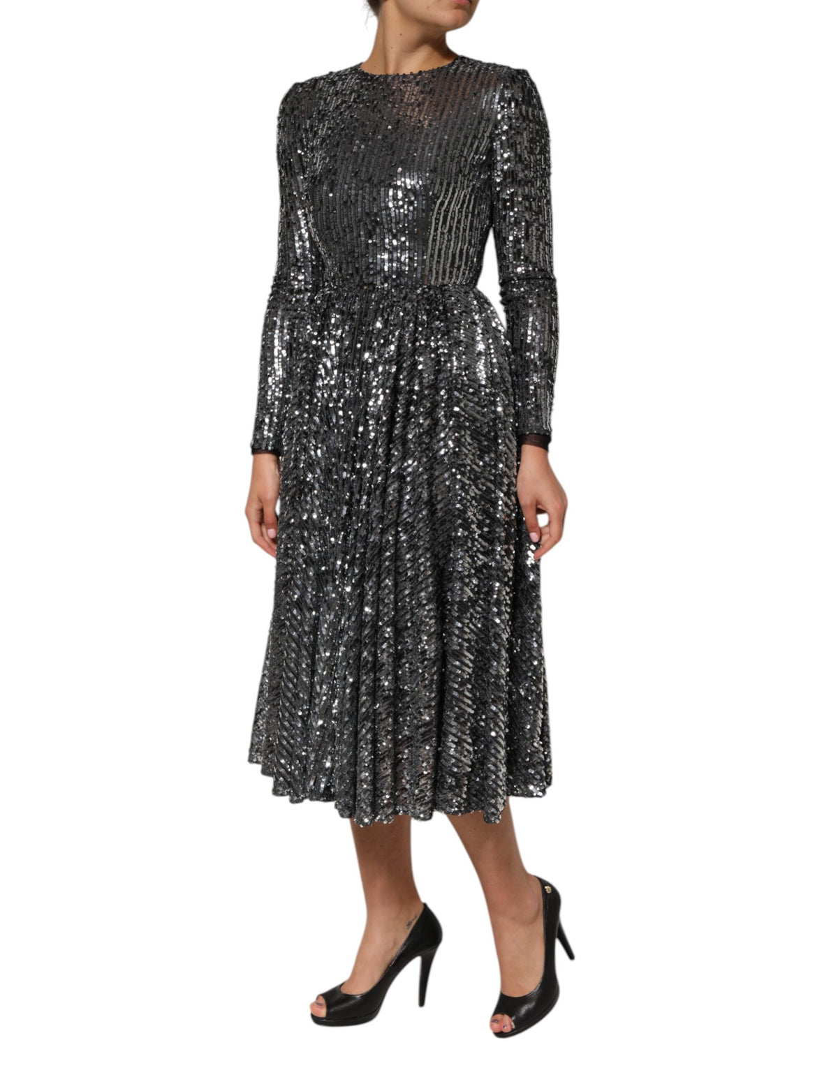 Dolce & Gabbana Black Sequined Long Sleeves Midi A-line Women's Dress