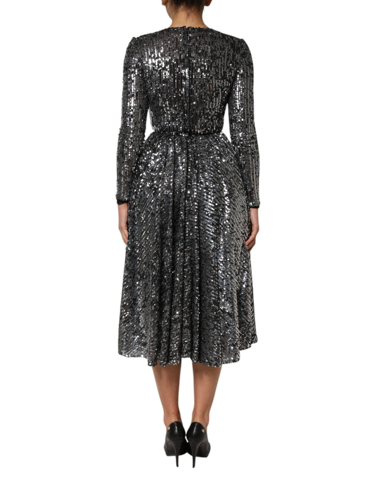 Dolce & Gabbana Black Sequined Long Sleeves Midi A-line Women's Dress