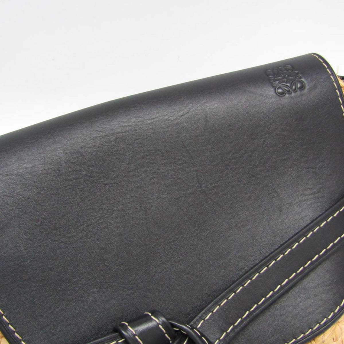 Loewe Gate Leather Leather With Raffia Black Leather Shoulder Bag Bag (Pre-Owned)