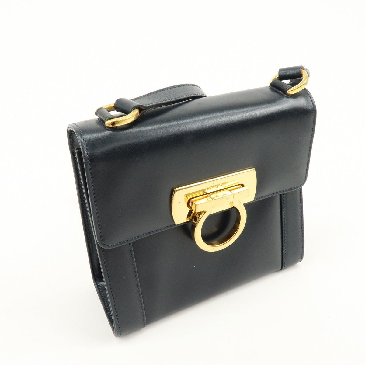 Salvatore Ferragamo Vintage Gancini Flap Leather Navy Leather Shoulder Bag Bag (Pre-Owned)