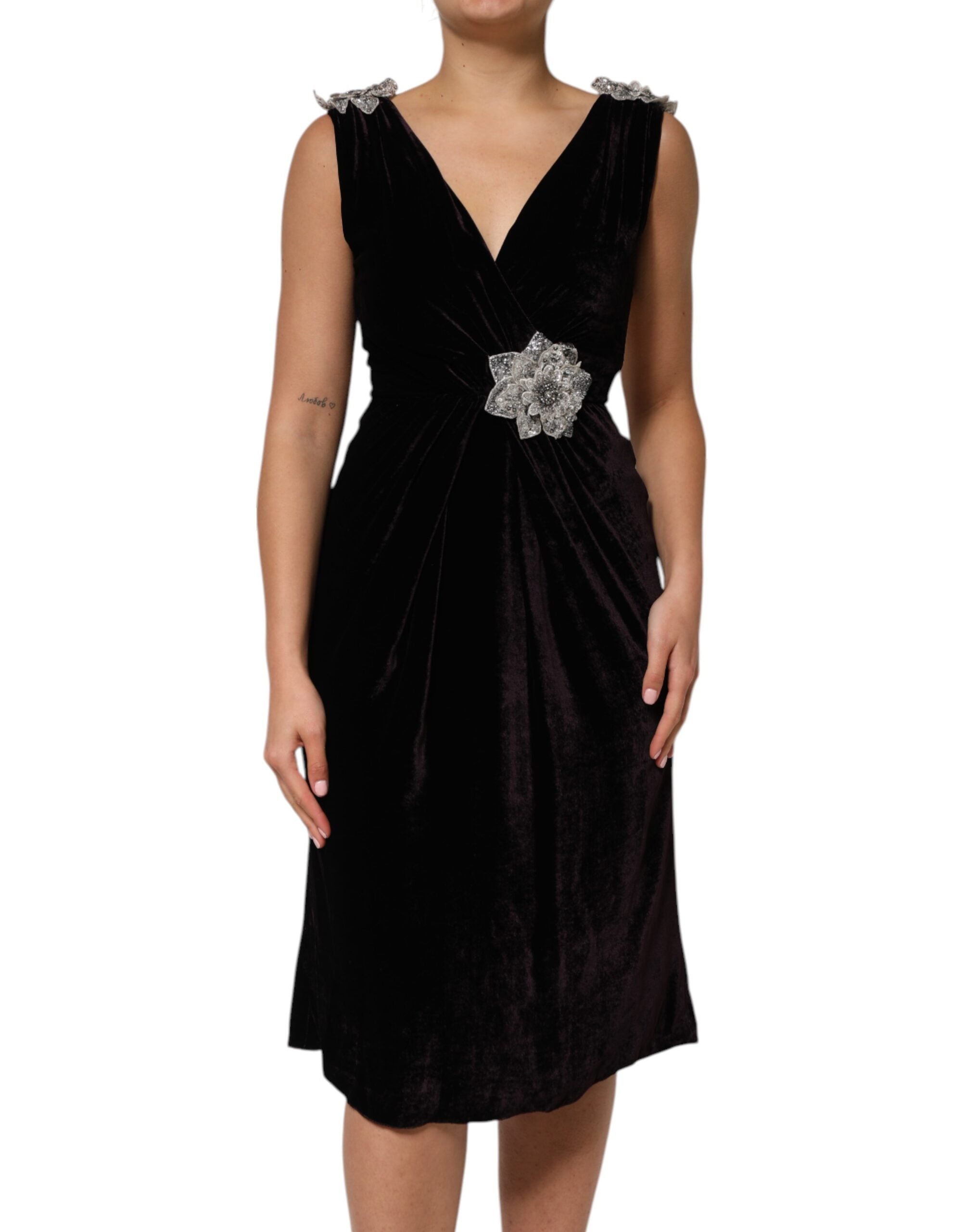 Dolce & Gabbana Black Velvet Flower Embellishment Aline Women's Dress