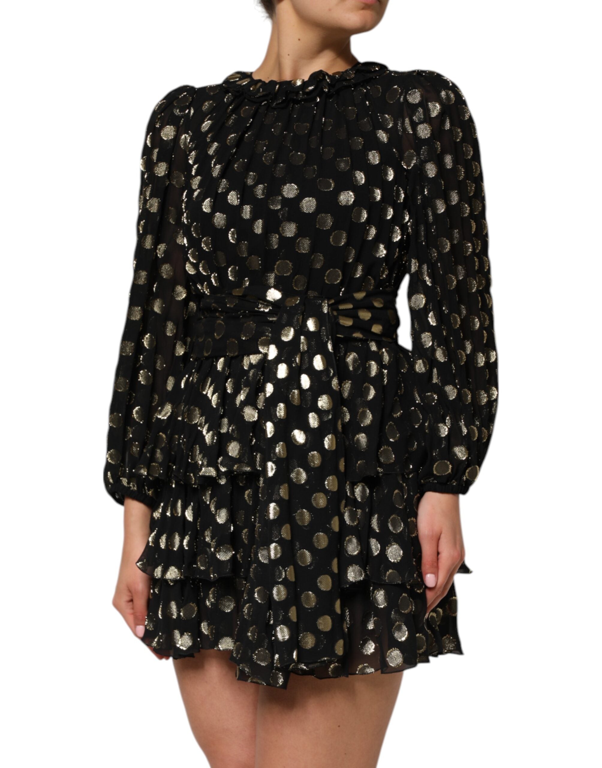 Dolce & Gabbana Black Gold Polka Dot Silk Brocade Mini Women's Dress